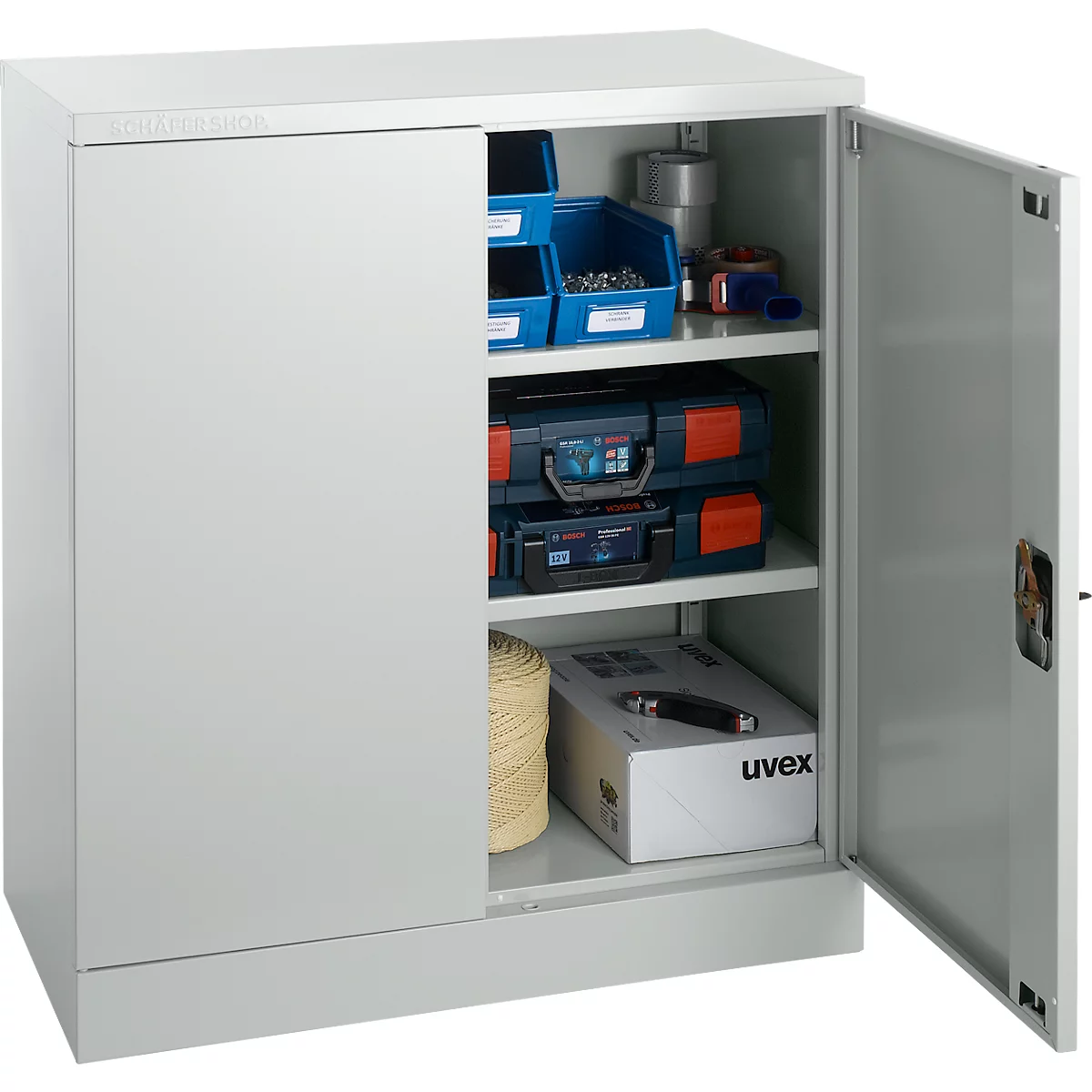Schäfer Shop Select stalen kast, 2 OH, 2 in hoogte verstelbare legborden, draaicilinderslot, B 916 x D 422 x H 1000 mm, lichtgrijs RAL 7035/lichtgrijs RAL 7035
