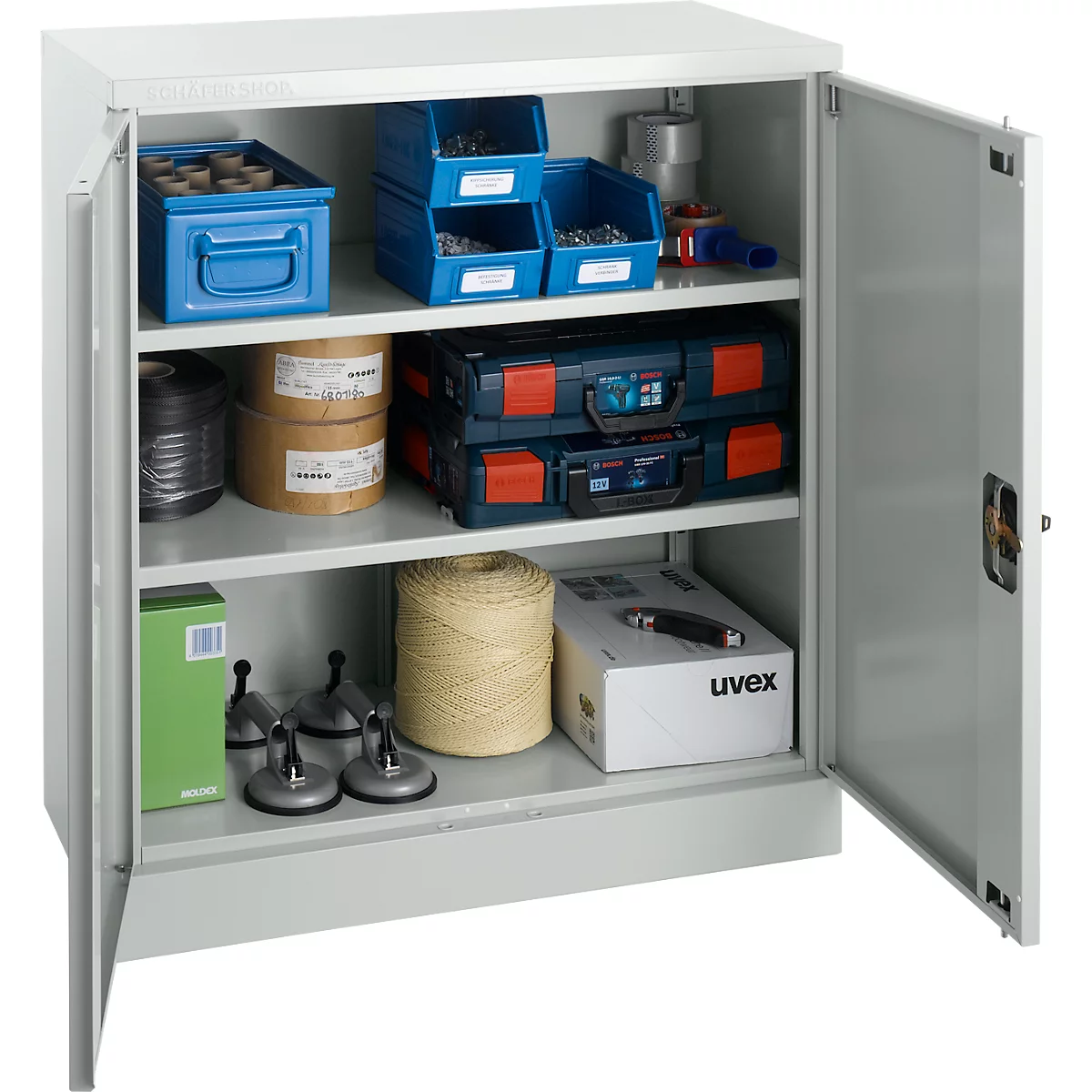 Schäfer Shop Select stalen kast, 2 OH, 2 in hoogte verstelbare legborden, draaicilinderslot, B 916 x D 422 x H 1000 mm, lichtgrijs RAL 7035/lichtgrijs RAL 7035