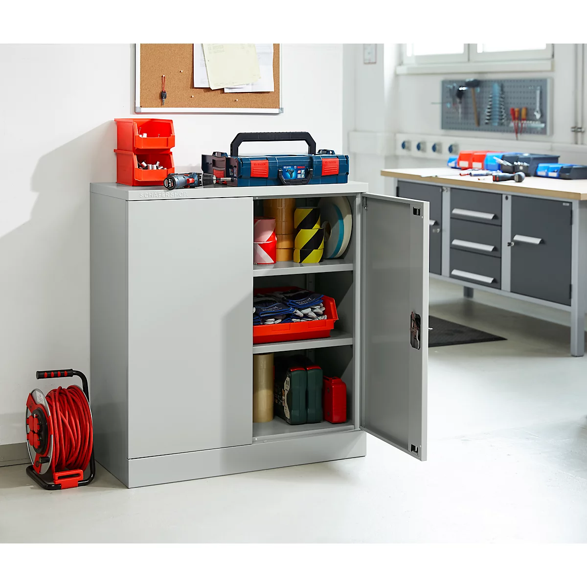 Schäfer Shop Select stalen kast, 2 OH, 2 in hoogte verstelbare legborden, draaicilinderslot, B 916 x D 422 x H 1000 mm, lichtgrijs RAL 7035/lichtgrijs RAL 7035