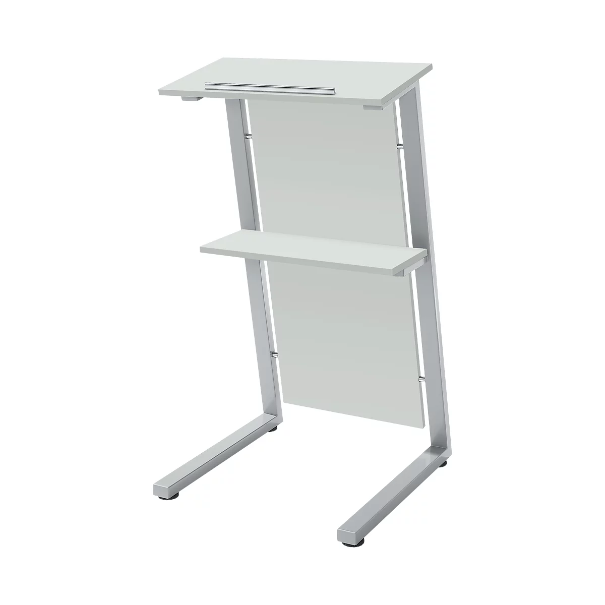 Modern standing desk, white with shelf and metal legs.