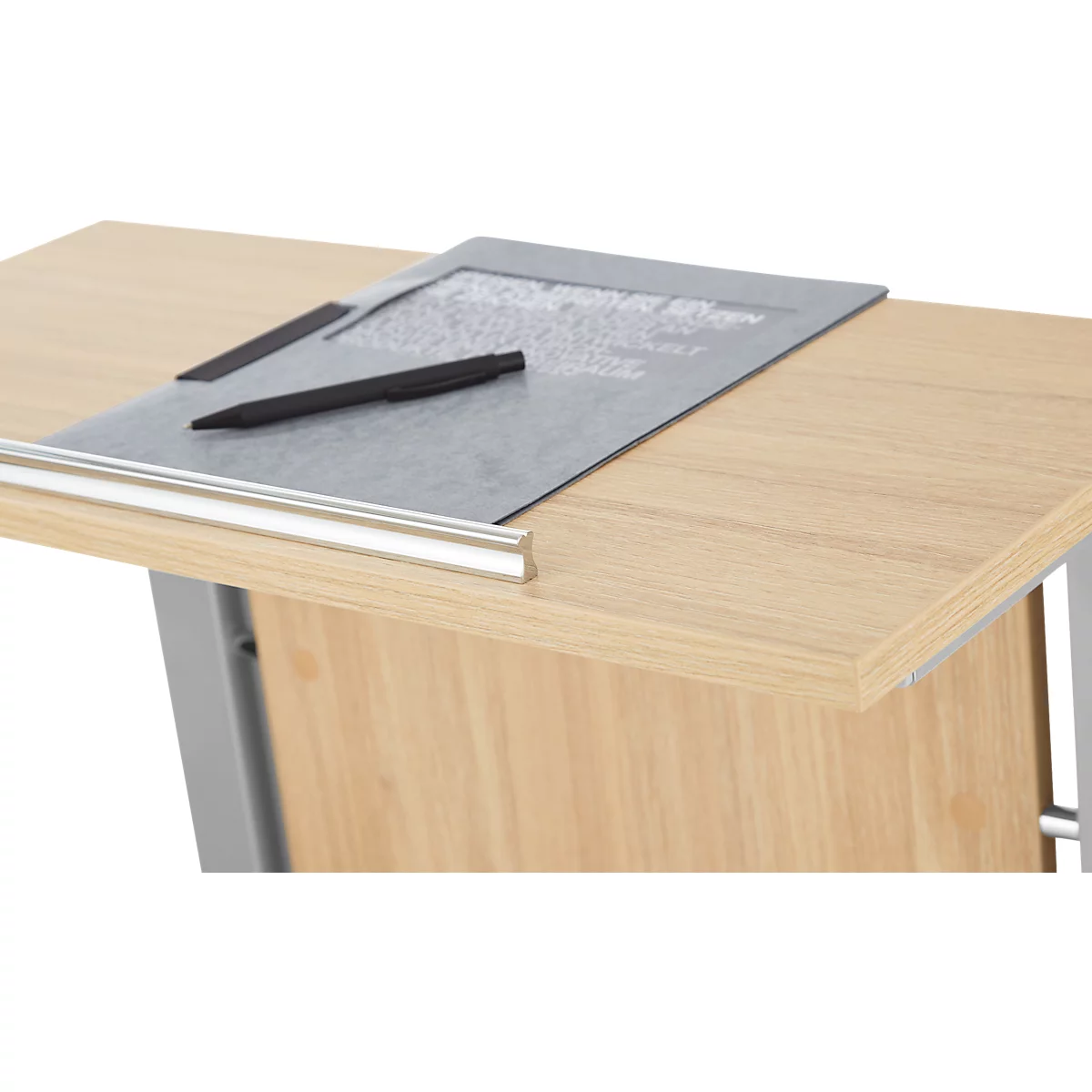 Desk with paper, pen and pen tray. Wood structure, details.