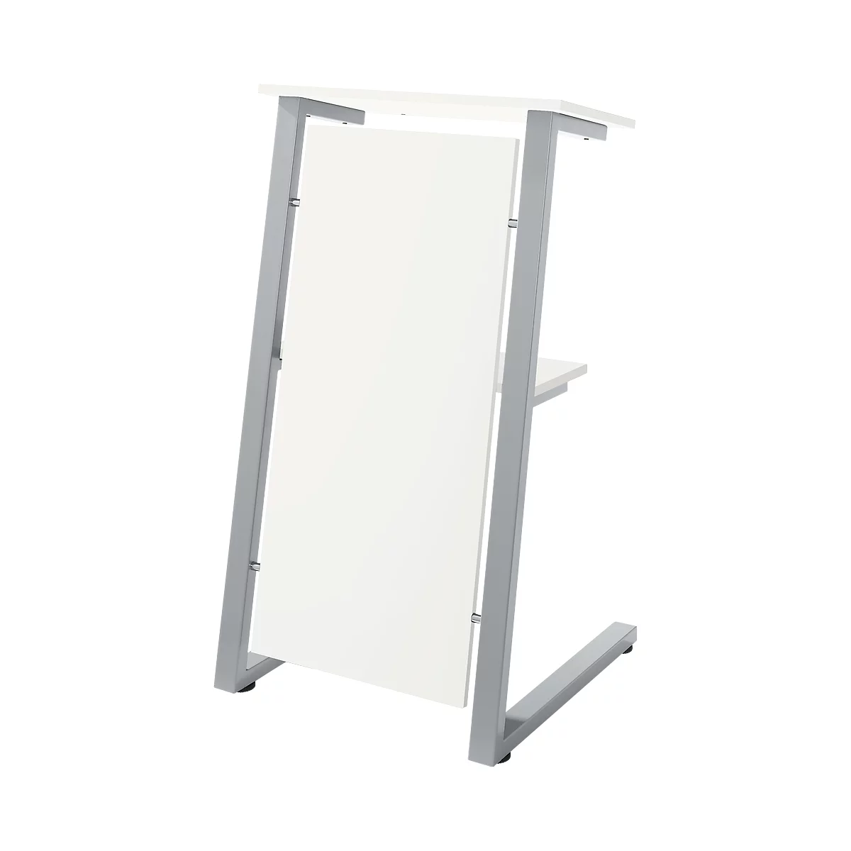 A white standing desk with a silver frame. The desk has a rectangular white front panel and a small shelf.