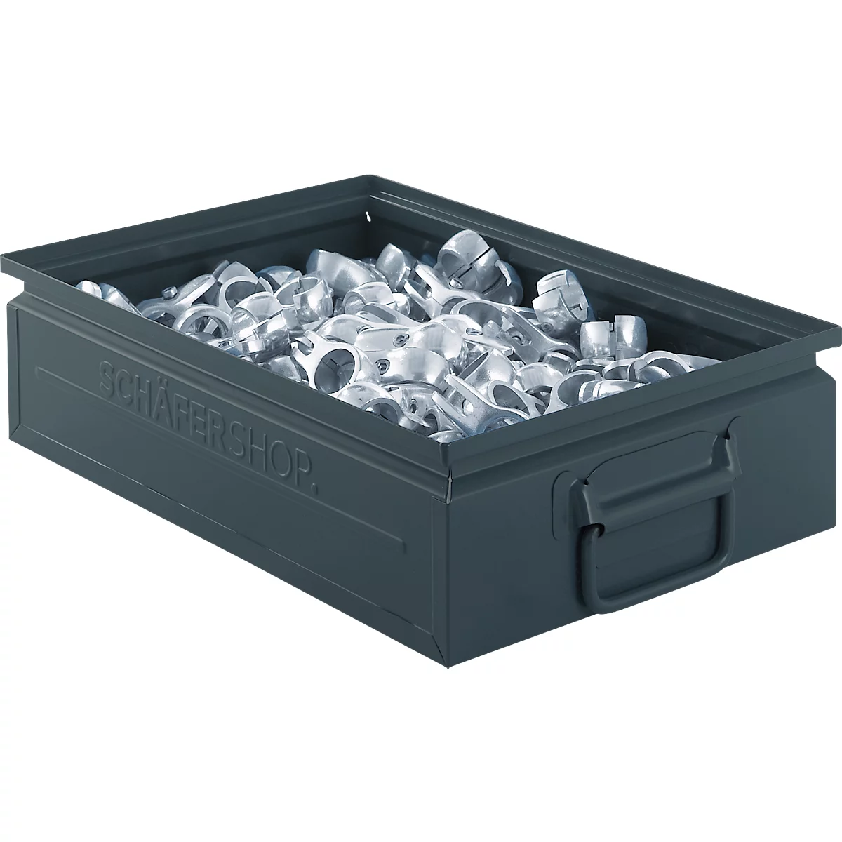 Ein grauer Metallkasten gefüllt mit glänzenden silbernen Verbindungselementen.