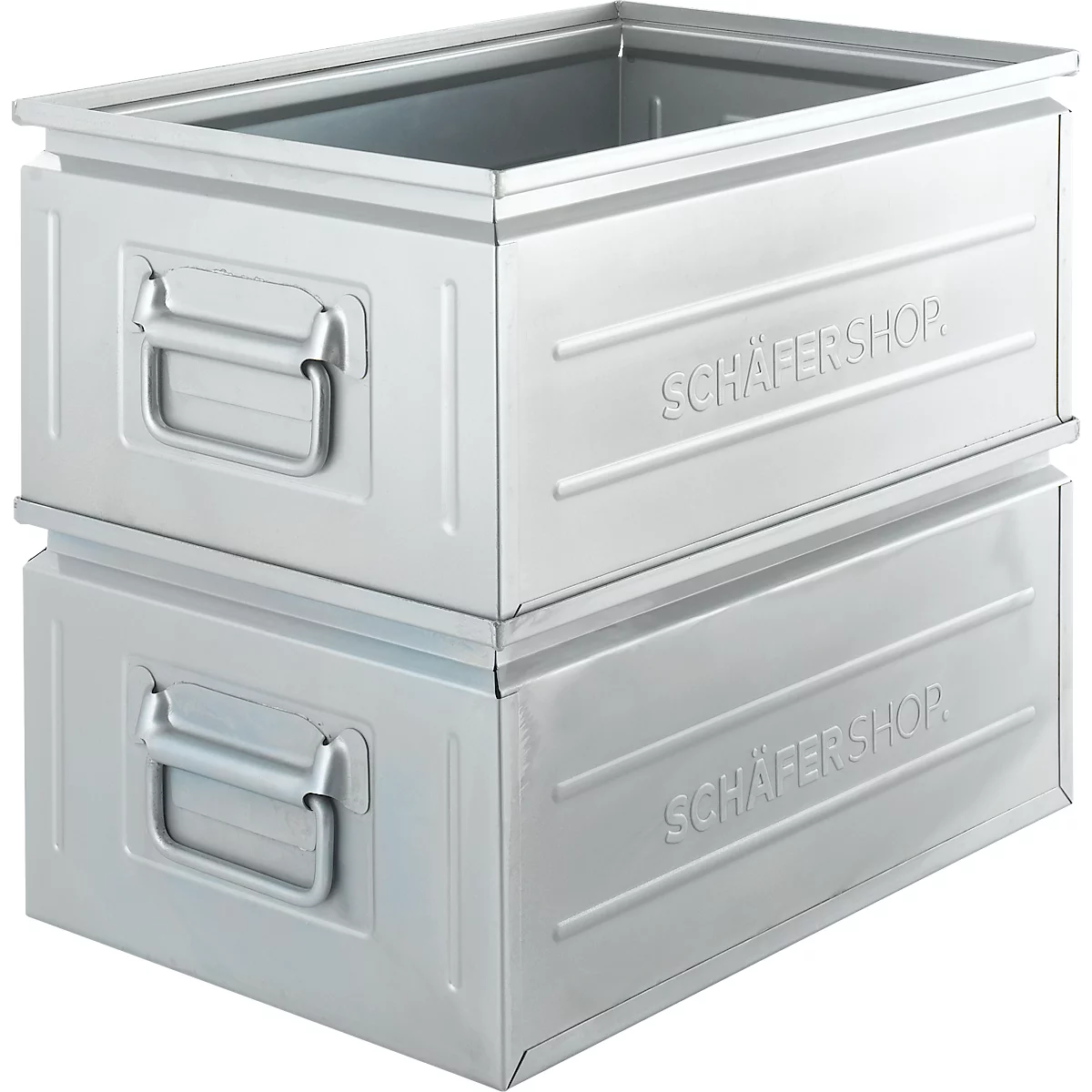 Zwei stapelbare, silberne Metall-Lagerboxen mit Tragegriffen und Schäfershop-Prägung auf weissem Hintergrund.