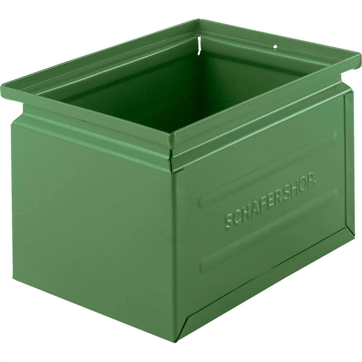 Grüner Sichtlagerkasten aus Metall mit eingeprägtem Schriftzug SCHÄFERSHOP.