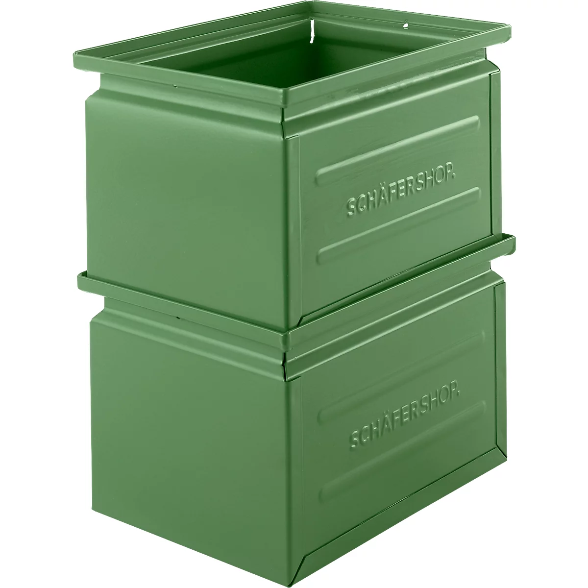 Zwei gestapelte, grüne Metallboxen mit der Prägung SCHÄFER SHOR.