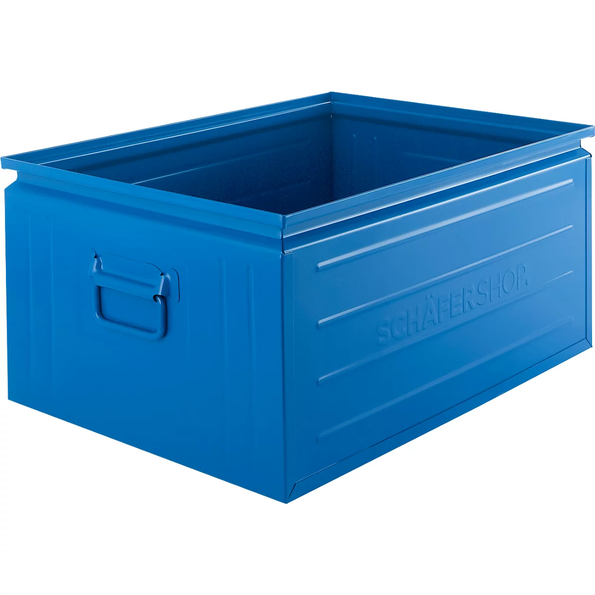 Ein blauer Metall-Stapelkasten mit Griffen und eingeprägtem Schäfer-Logo auf weißem Hintergrund.