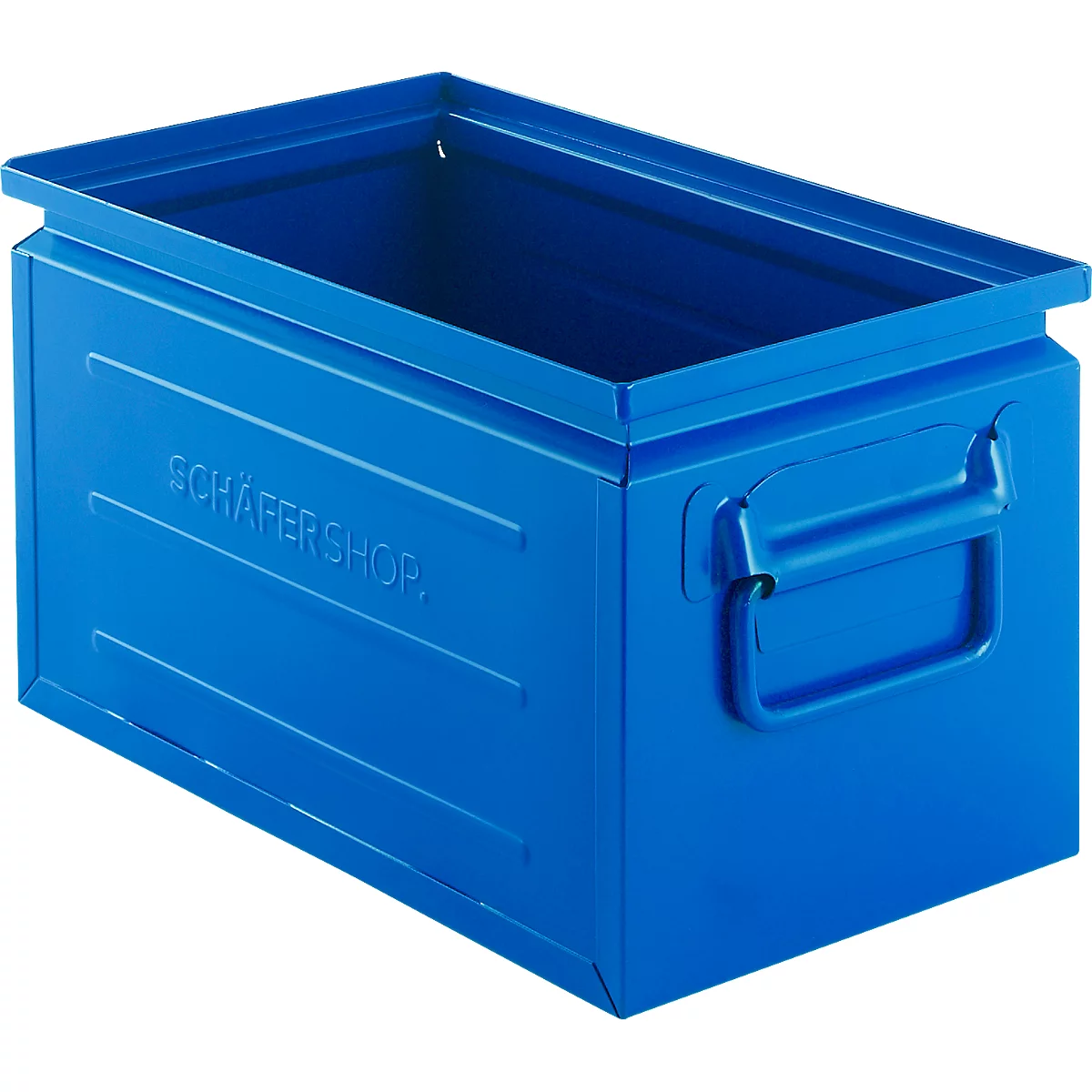 Ein blauer Metall-Sichtlagerkasten mit dem Schriftzug SCHÄFER SHOP an der Seite.