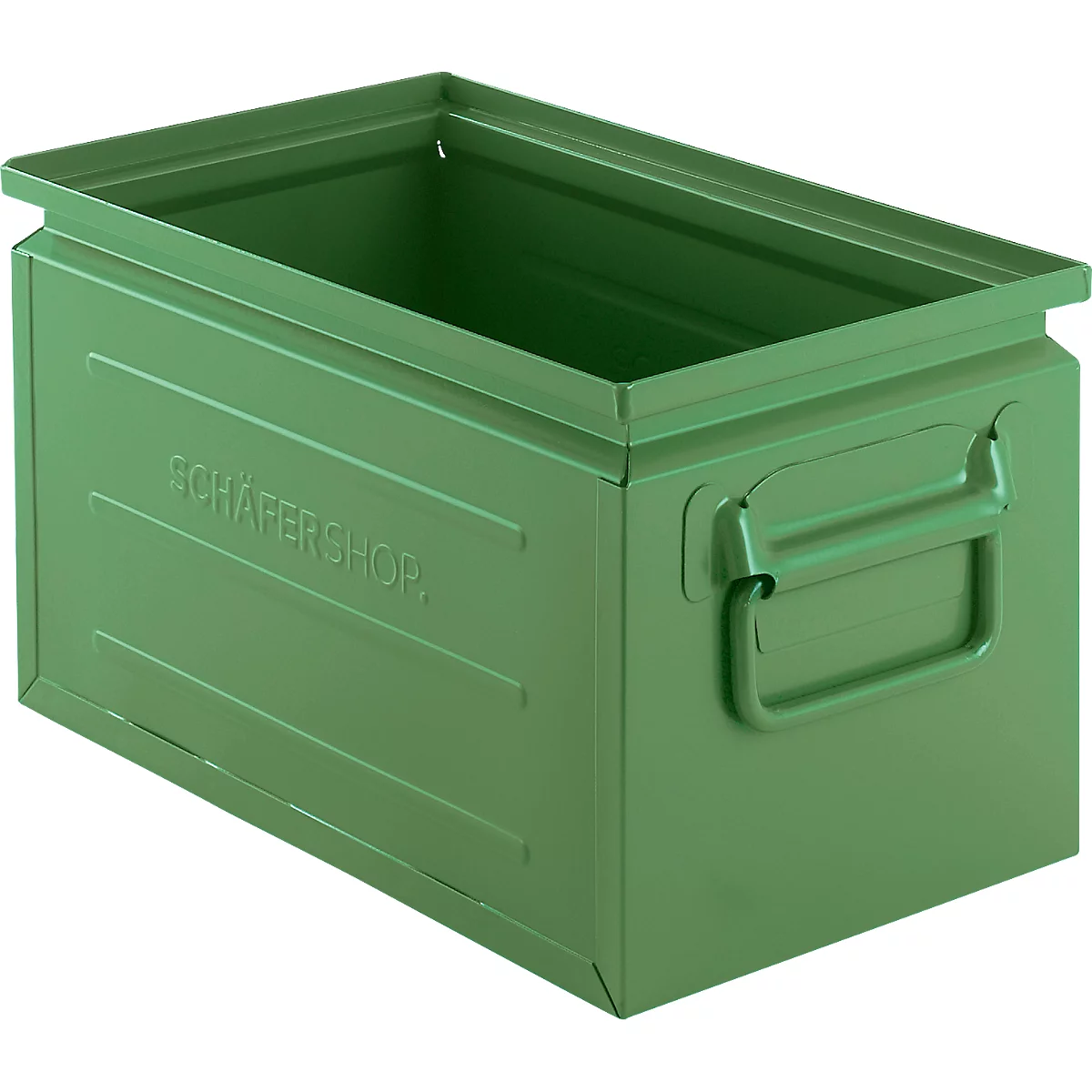 Grüne, offene Metallbox mit Tragegriffen und Schäfer-Shop-Prägung vor weissem Hintergrund.