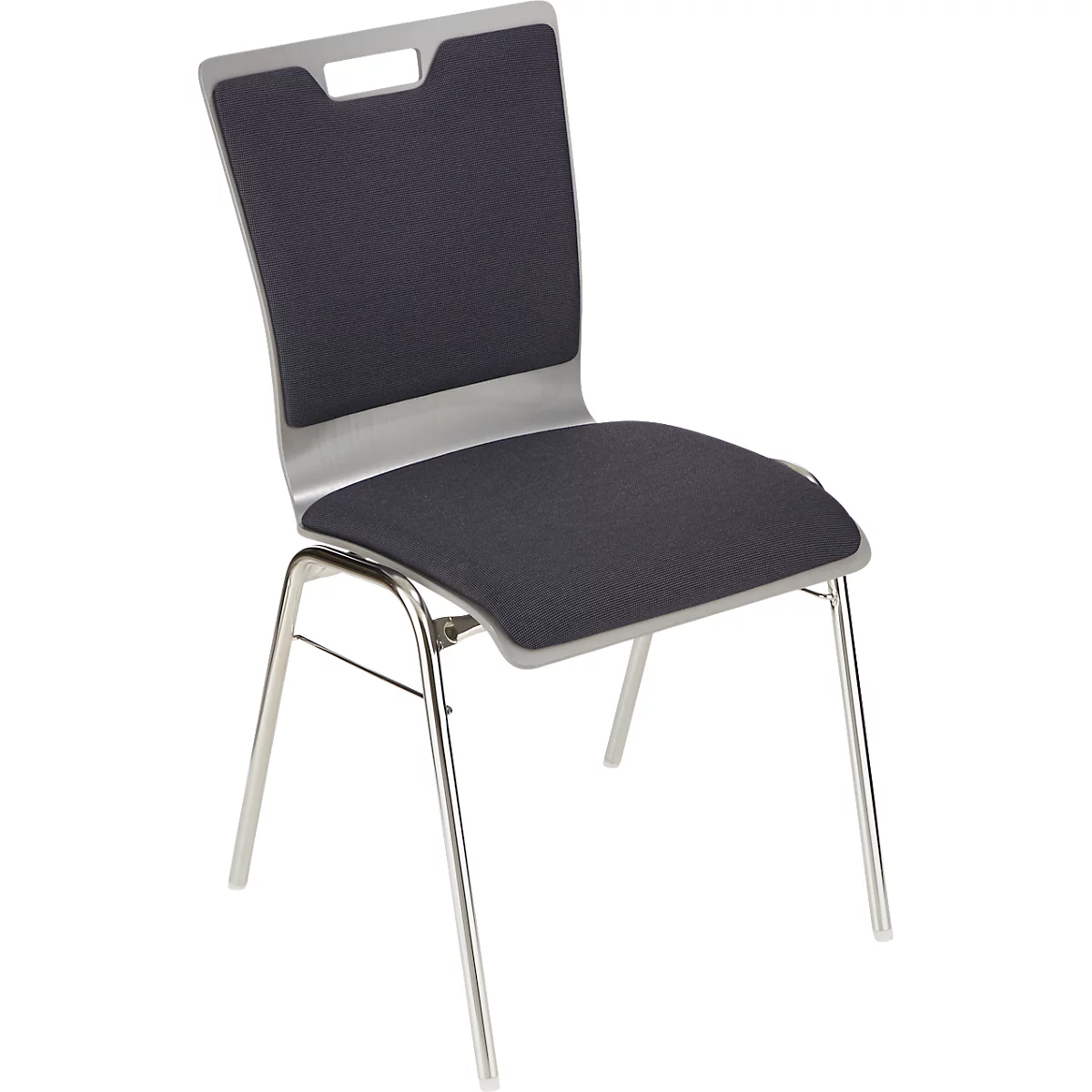 Ein eleganter Stuhl mit gepolsterter, dunkelgrauer Sitzfläche und Rückenlehne. Das Gestell ist silbern und schlank.