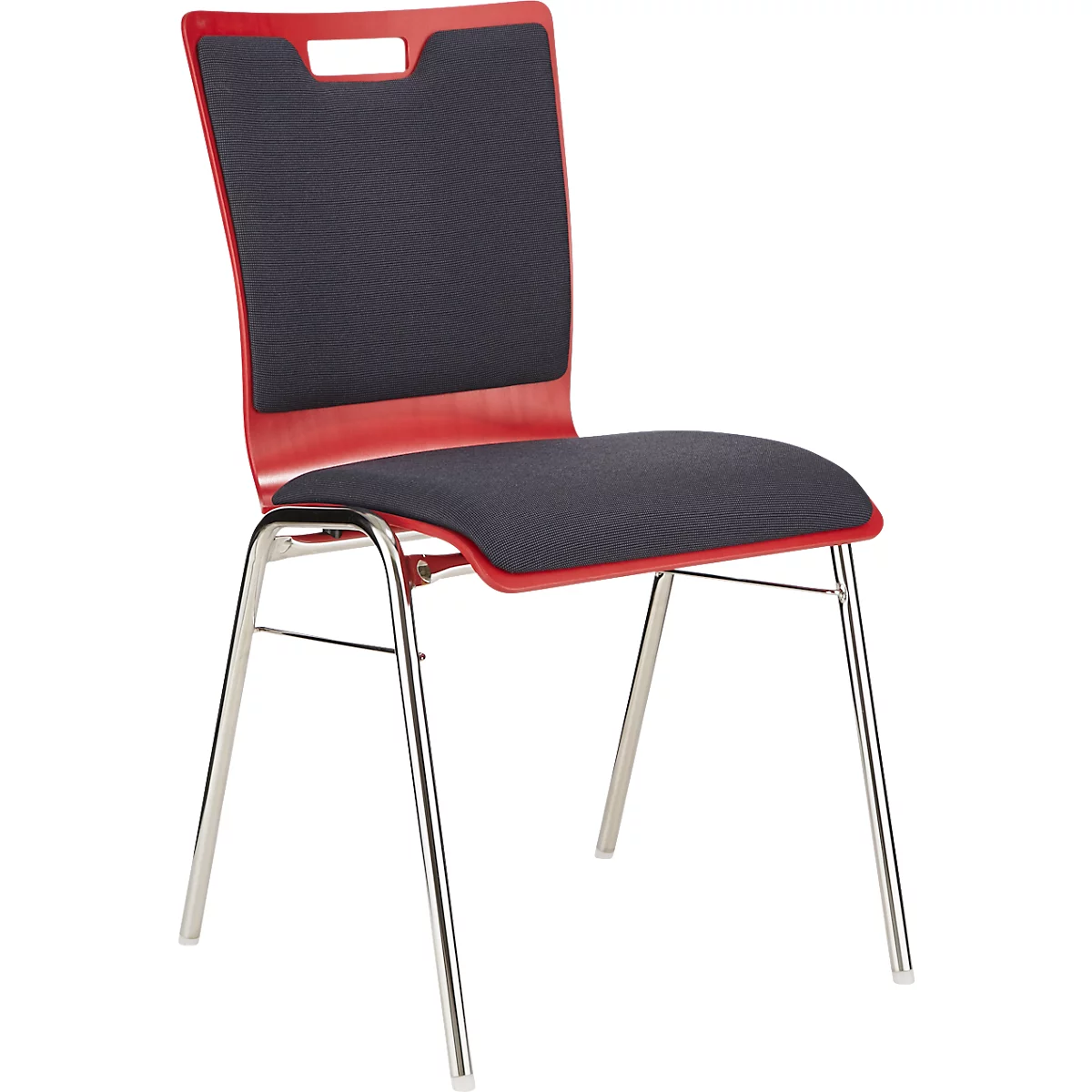 Ein Stuhl mit rotem Rahmen, einem schwarzen Sitz und Rückenlehne. Die Beine sind silberfarben.