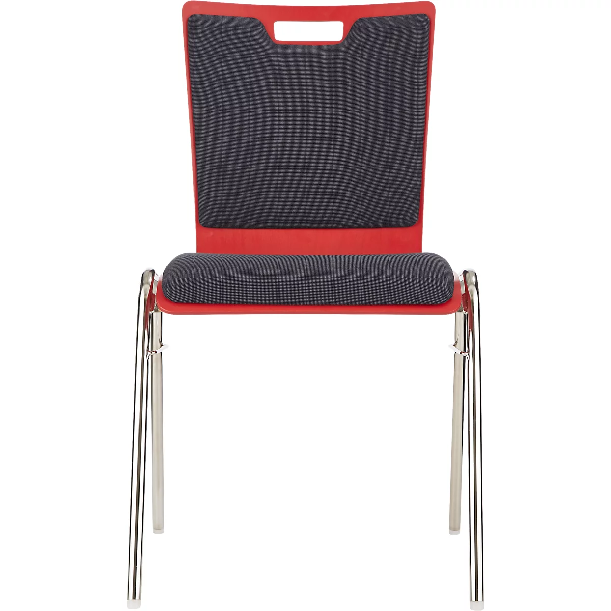 Roter Stuhl mit schwarzer Rückenlehne und Sitzfläche. Die Beine sind aus Chrom.