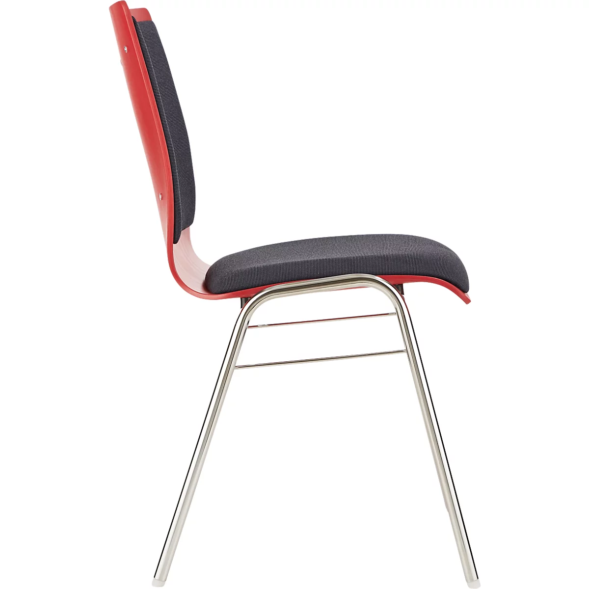 Roter Stuhl mit grauer Sitzfläche und Rückenlehne, verchromtem Gestell, Seitenansicht.