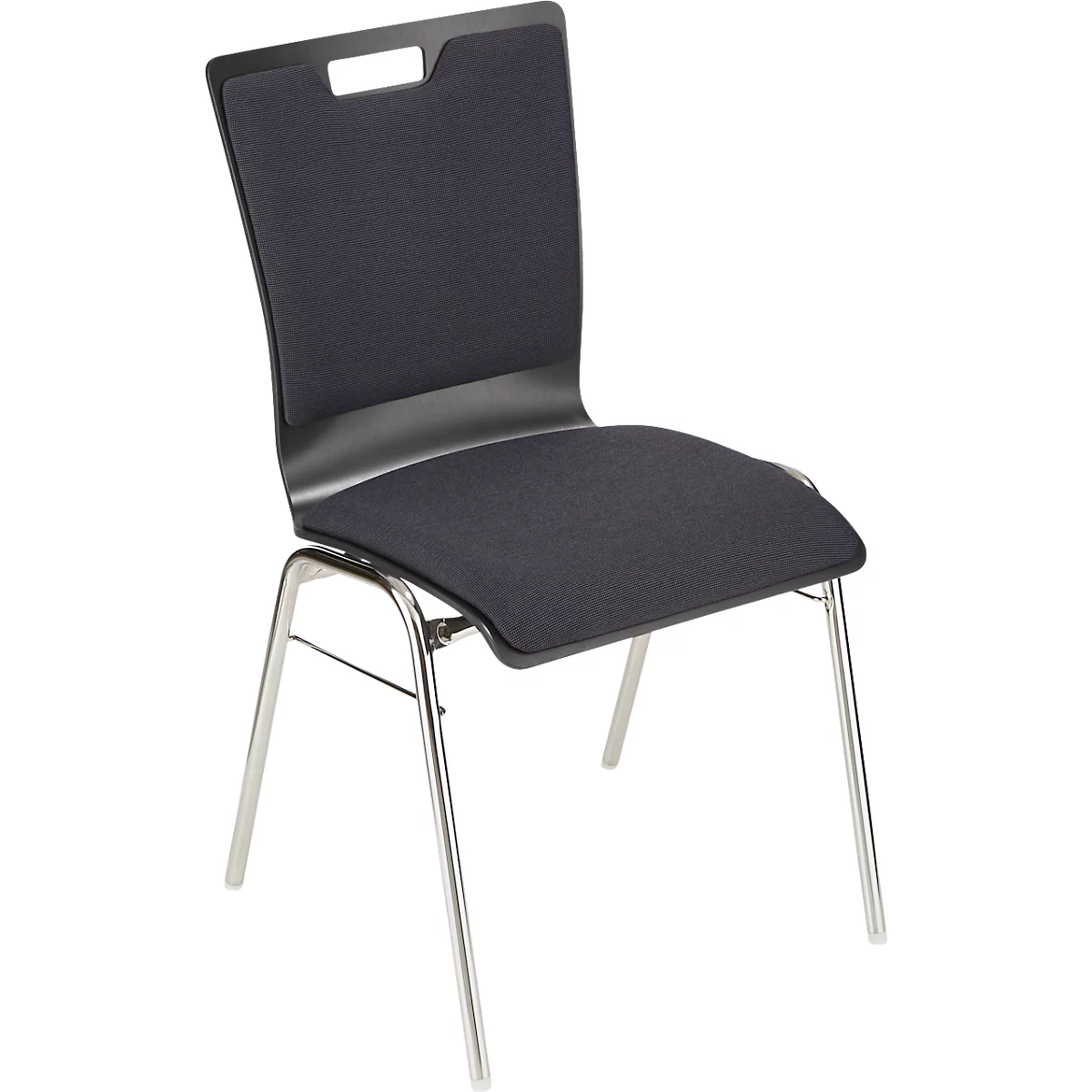 Stuhl mit schwarzem Sitz und Rückenlehne, Metallfüße. Die Rückenlehne hat oben eine Aussparung.