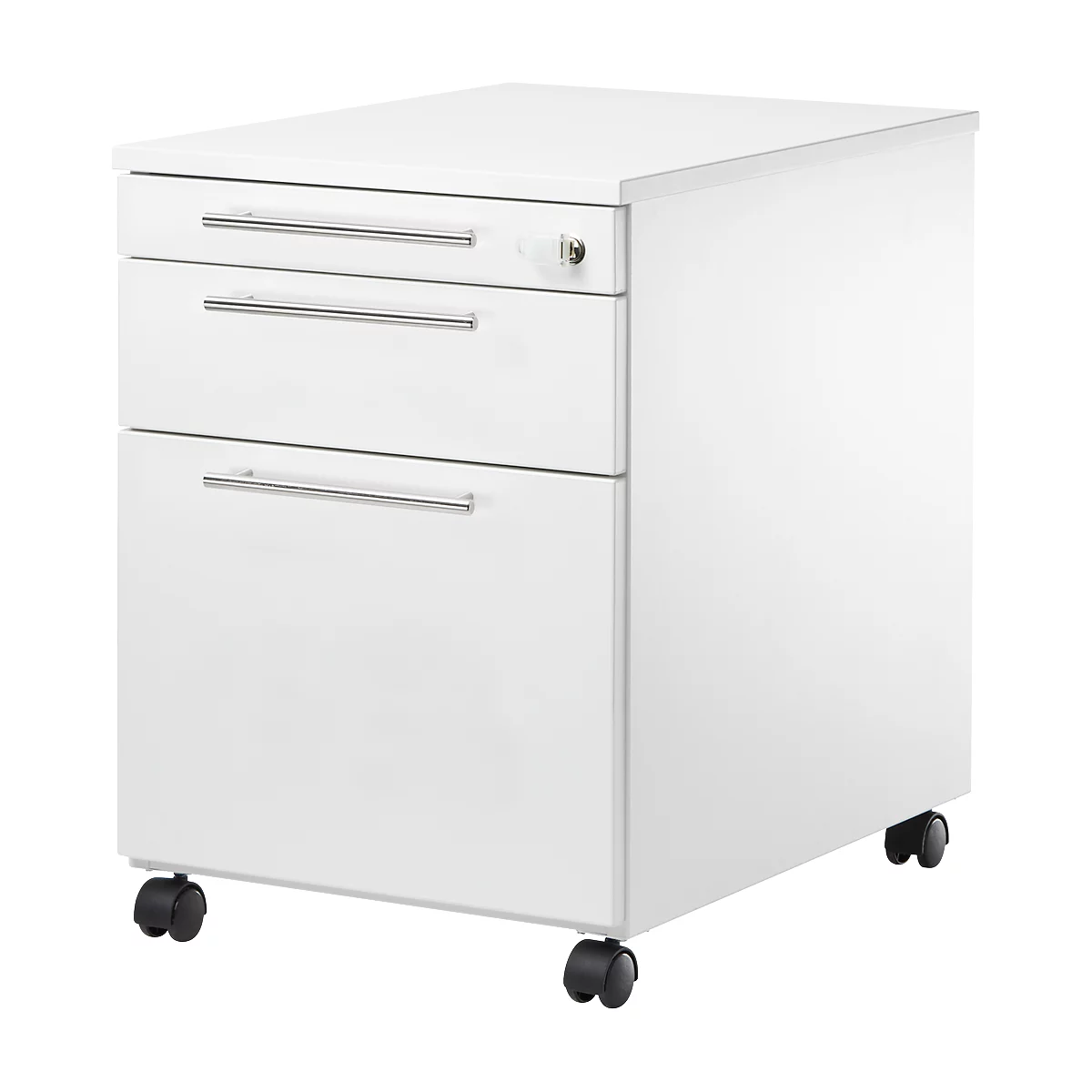 Schäfer Shop Select Start Off 126 pedestal móvil, cajón para utensilios extraíble, cajón para archivos colgantes, con cerradura, ancho 432 x fondo 580 x alto 595 mm, blanco/blanco 