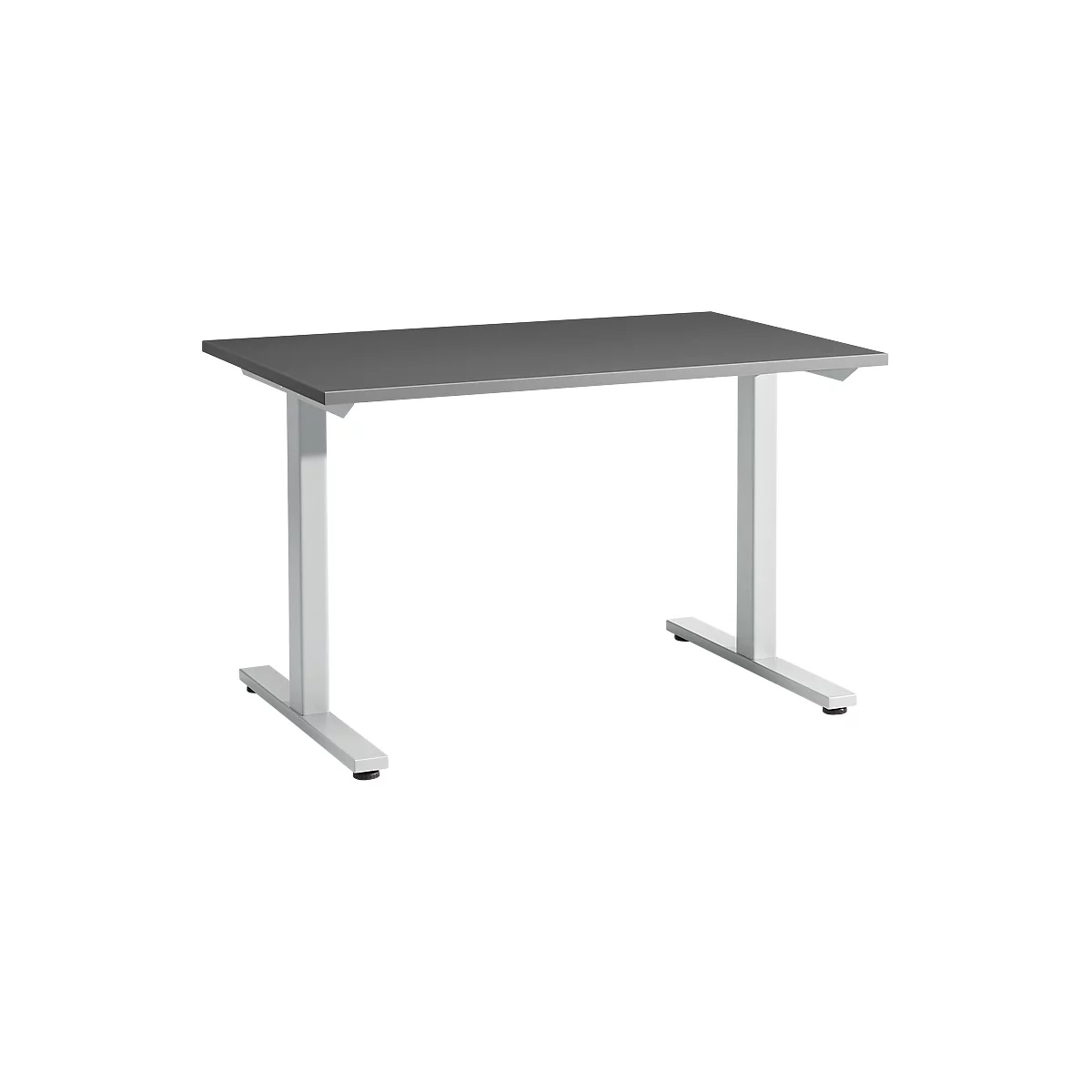 A grey desk with white legs against a white background. The tabletop is rectangular, the legs are T-shaped.