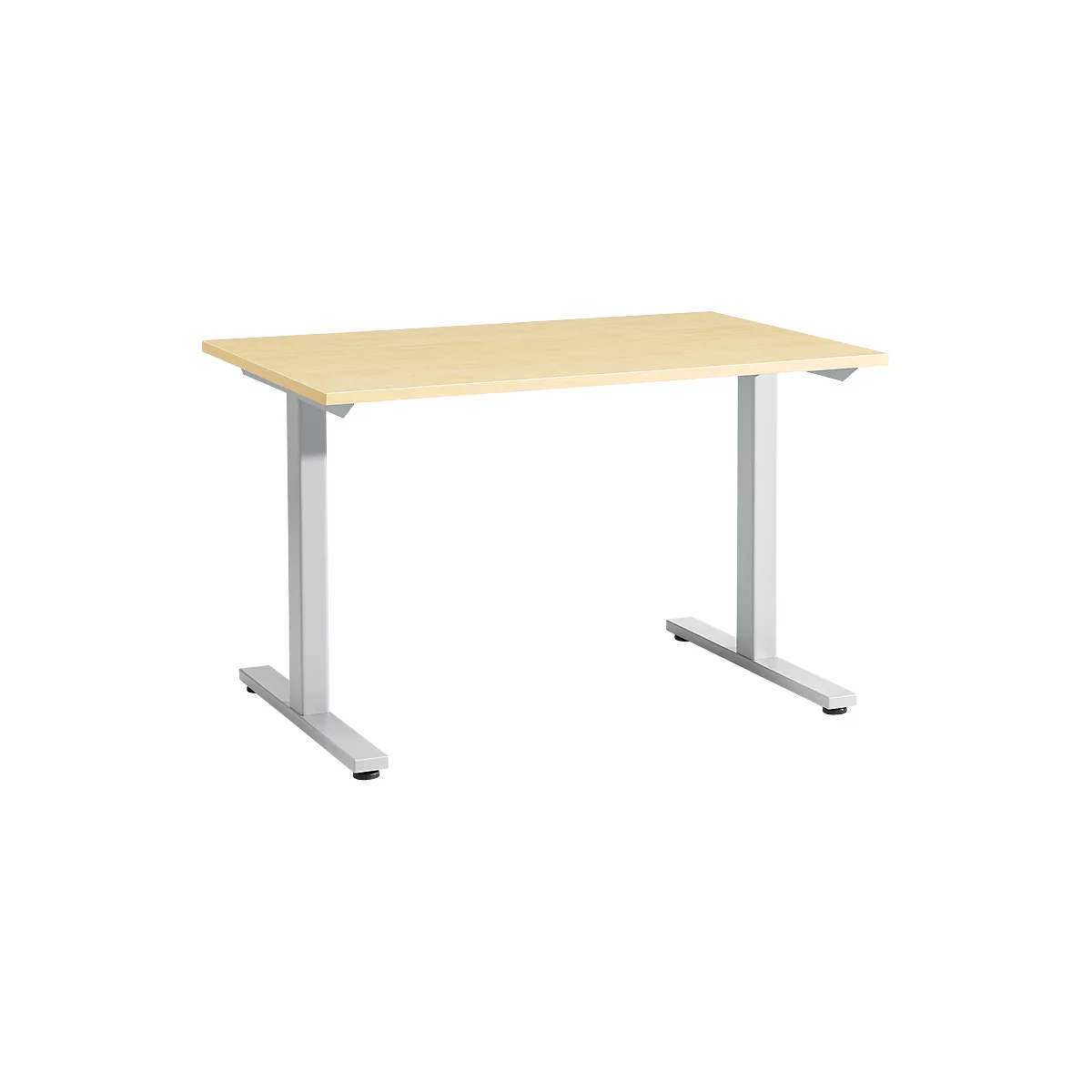 A bright desk with gray legs. Table top light, legs and feet gray.