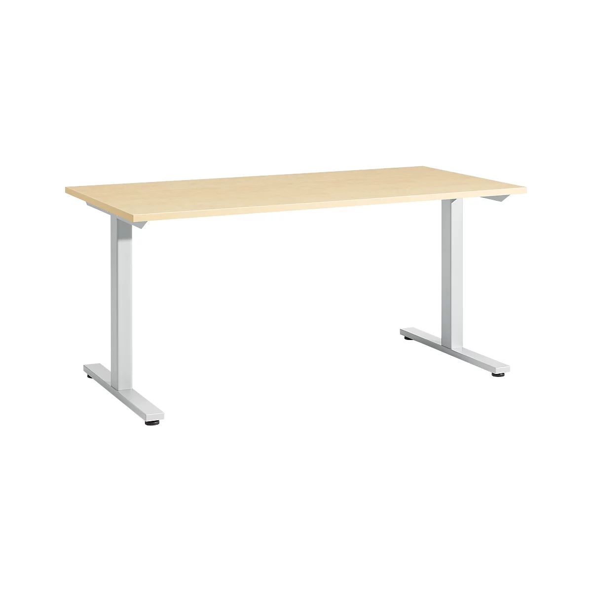 A light brown desk with light gray legs against a white background.