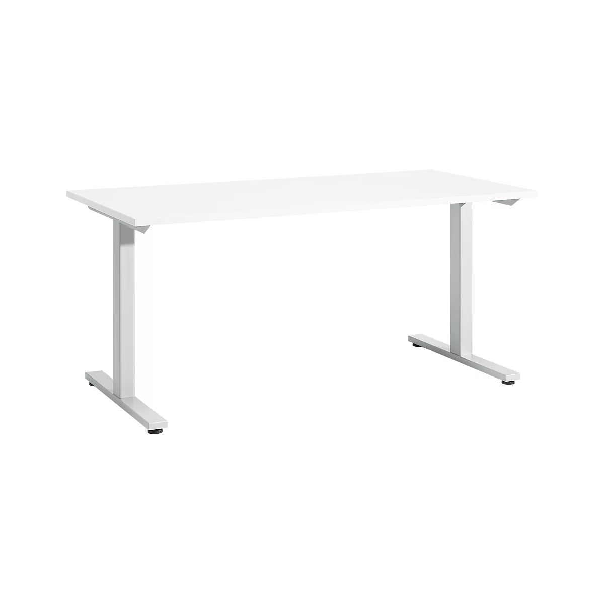 A white height-adjustable desk on gray-silver legs against a white background.