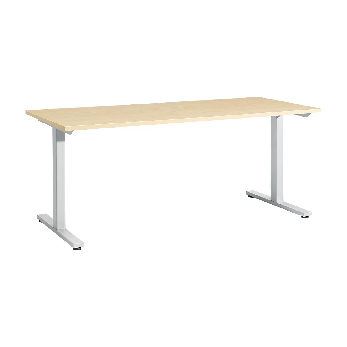 A rectangular, light wooden desk with light gray metal legs. The desk legs are T-shaped and the table top is light brown.