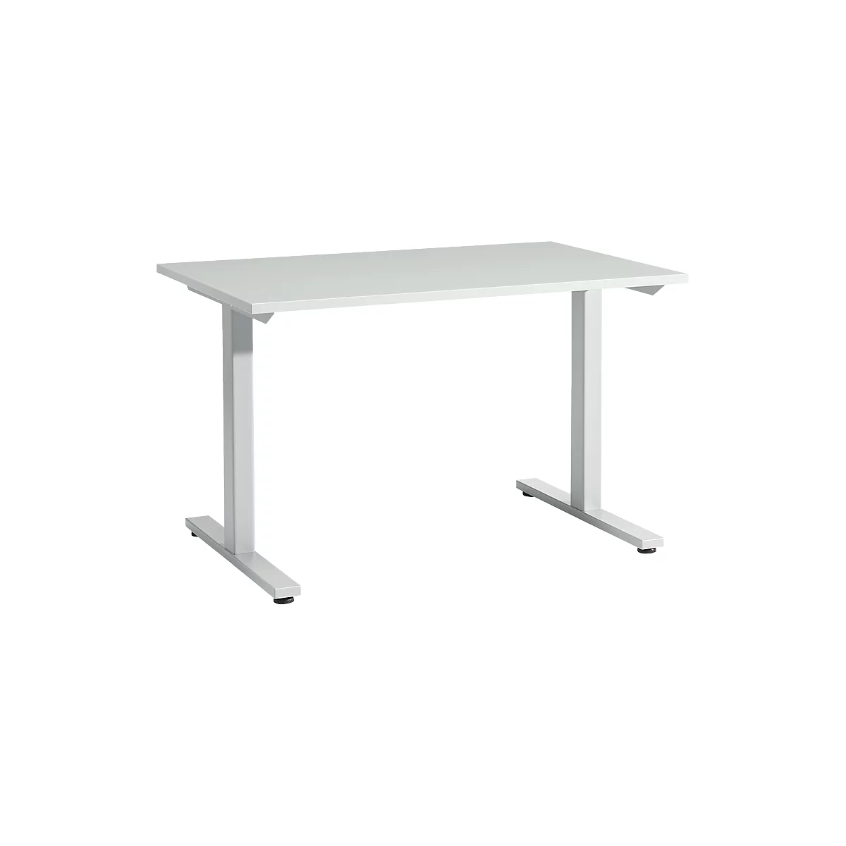 A white rectangular desk with metal legs. The legs are T-shaped and the desk is against a white background.