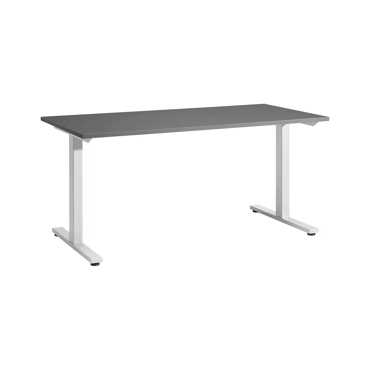 A gray rectangular desk with a white, height-adjustable frame. The tabletop is flat, the legs stand stable.