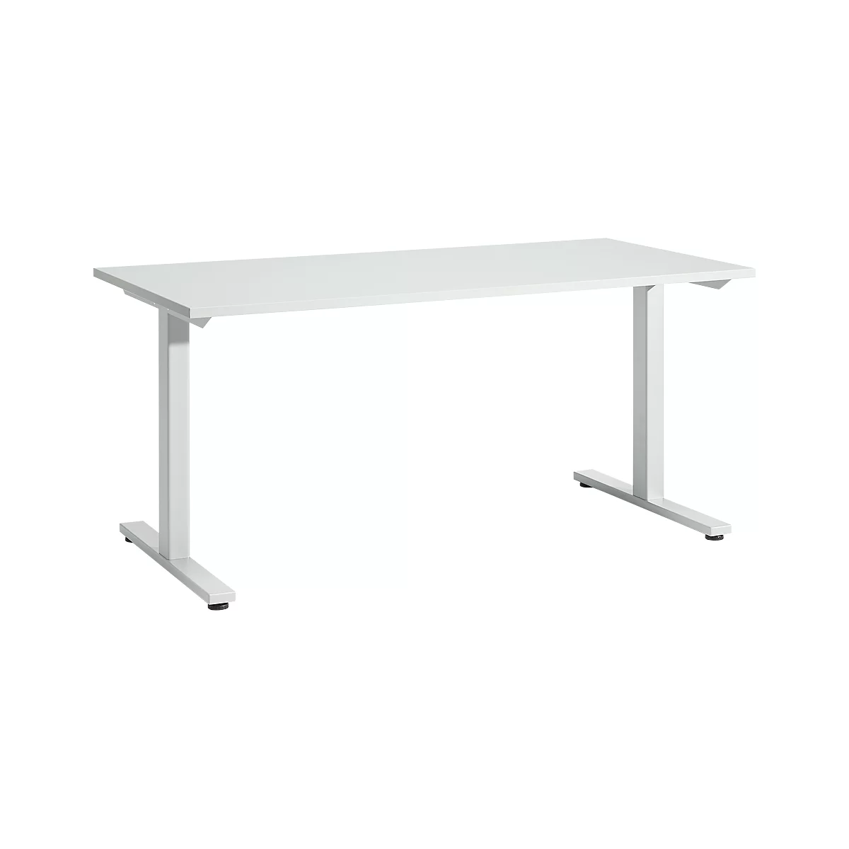 A white, rectangular desk. The legs of the table are also white and constructed in a T-shape.