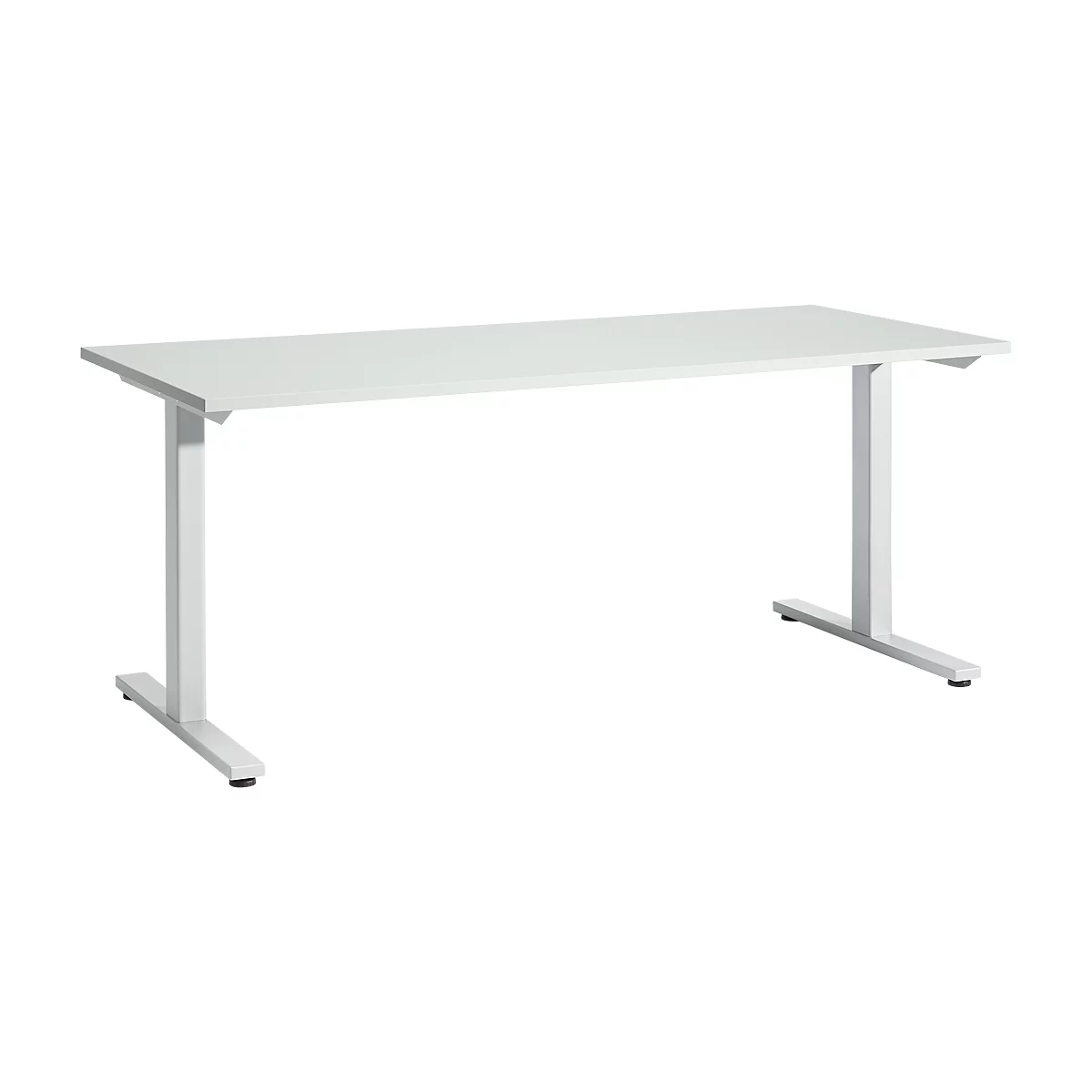 White desk with square legs. The tabletop is rectangular and stands on two T-shaped legs.