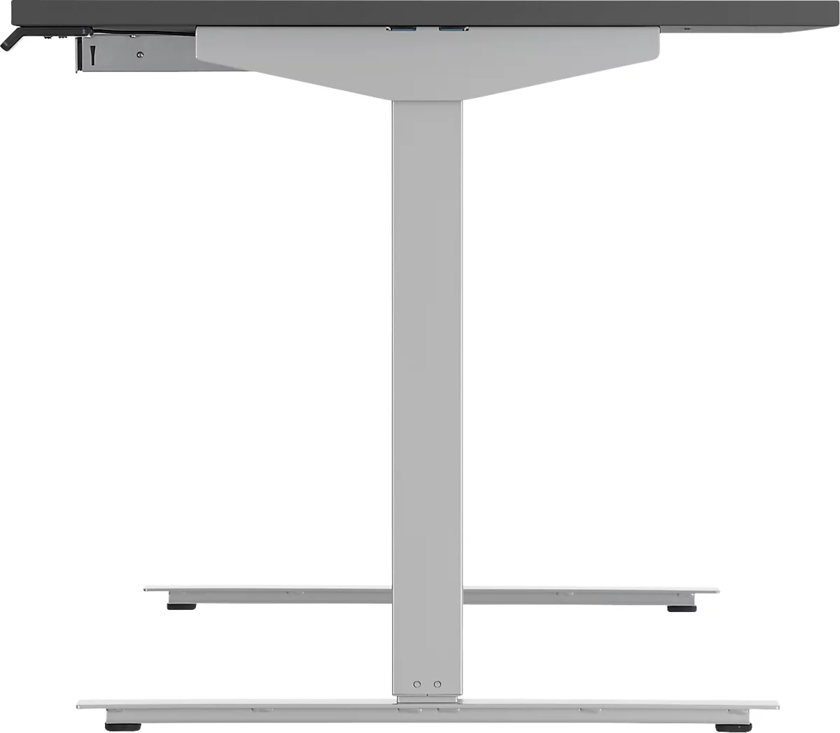 Schäfer Shop Select Start Off escritorio, regulable en altura eléctricamente, rectangular, pie en T, ancho 1600 mm, aluminio grafito/blanco + cajón y espiral de cables