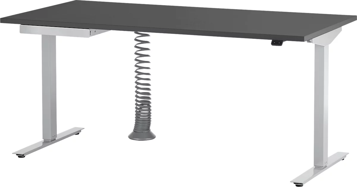 Schäfer Shop Select Start Off escritorio, regulable en altura eléctricamente, rectangular, pie en T, ancho 1600 mm, aluminio grafito/blanco + cajón y espiral de cables