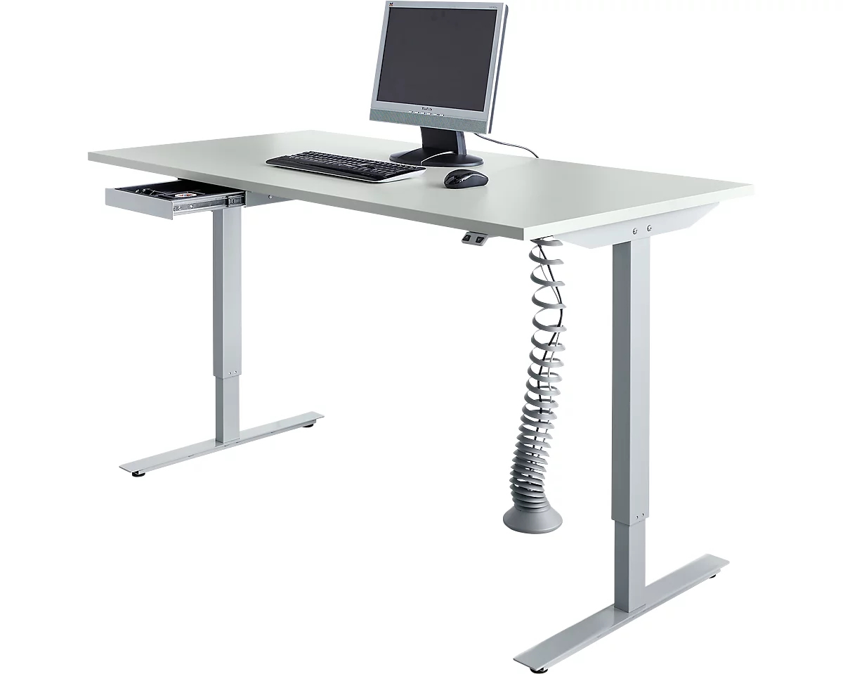 Schäfer Shop Select Start Off escritorio, regulable en altura eléctricamente, rectangular, pie en T, ancho 1600 mm, aluminio gris claro/blanco + cajón y espiral de cables