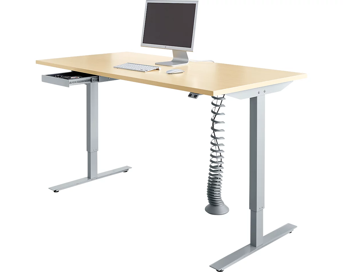 Schäfer Shop Select Start Off escritorio, regulable en altura eléctricamente, rectangular, pie en T, ancho 1600 mm, arce/aluminio blanco + cajón y espiral de cables
