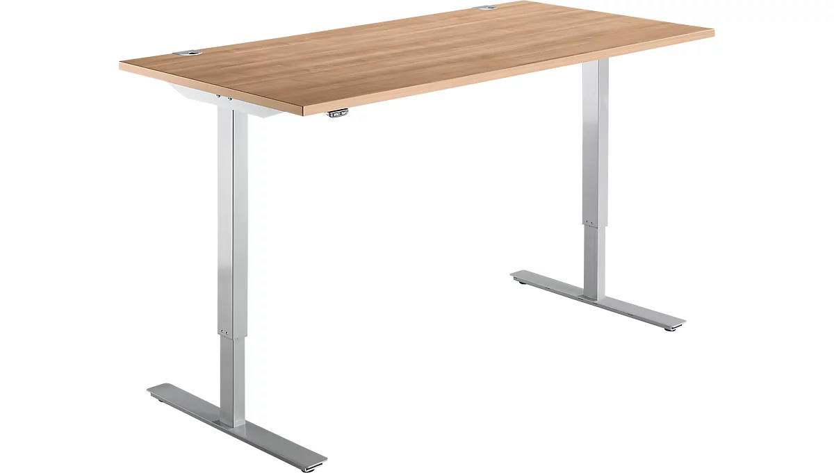 Schäfer Shop Select Start Off escritorio, regulable en altura eléctricamente, rectangular, pie en T, ancho 1600 x fondo 800 x alto 705-1205 mm, cerezo Romana/aluminio blanco 