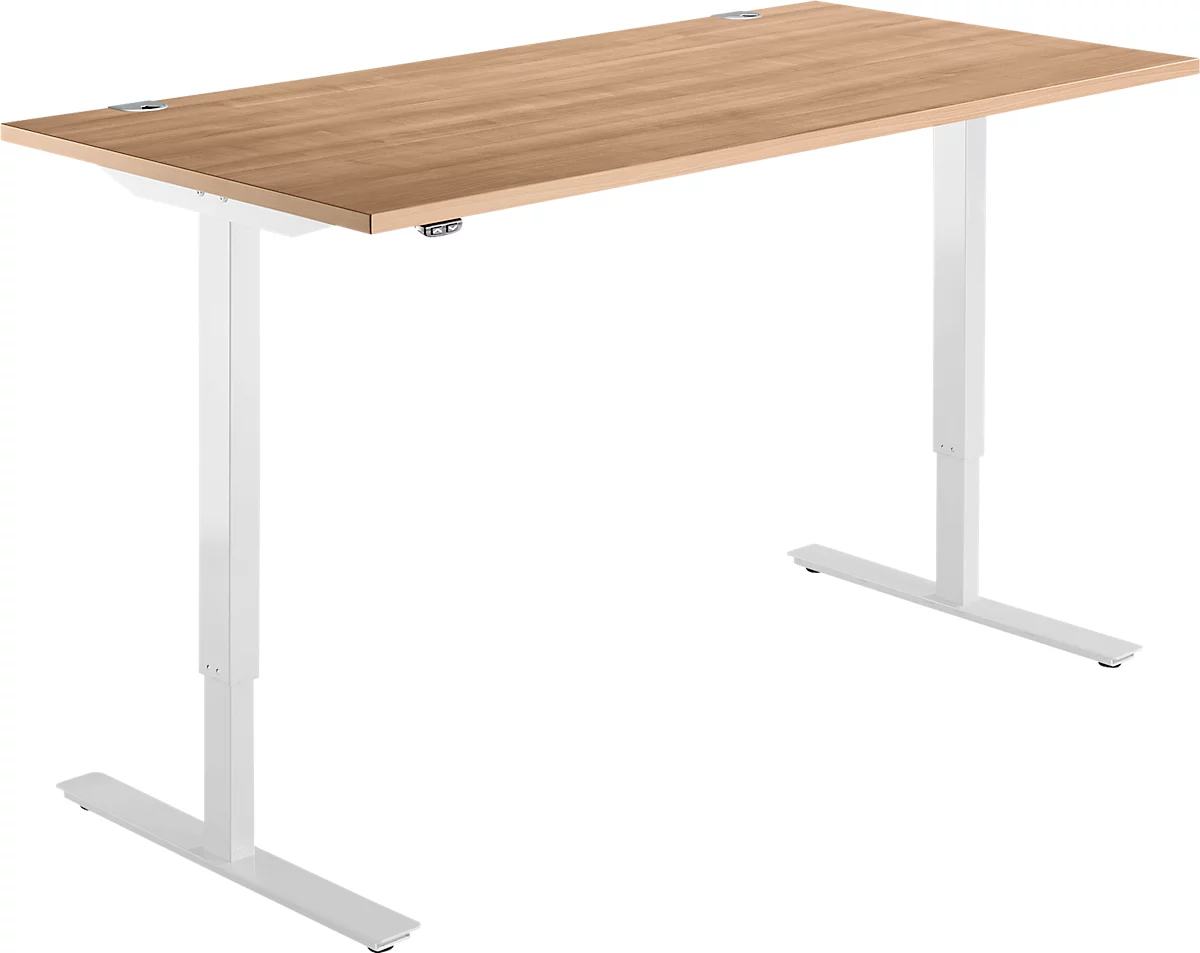 Schäfer Shop Select Start Off escritorio, regulable en altura eléctricamente, rectangular, pie en T, ancho 1600 x fondo 800 x alto 705-1205 mm, cerezo Romana/blanco 