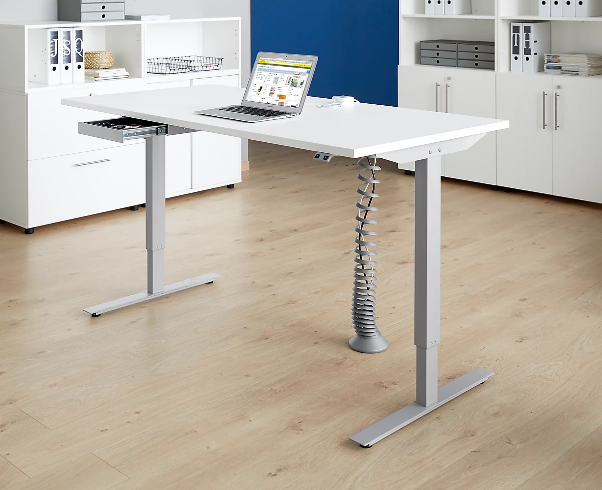 Schäfer Shop Select Start Off escritorio, regulable en altura eléctricamente, rectangular, pie en T, W 1600 mm, aluminio blanco/blanco + cajón y espiral de cables