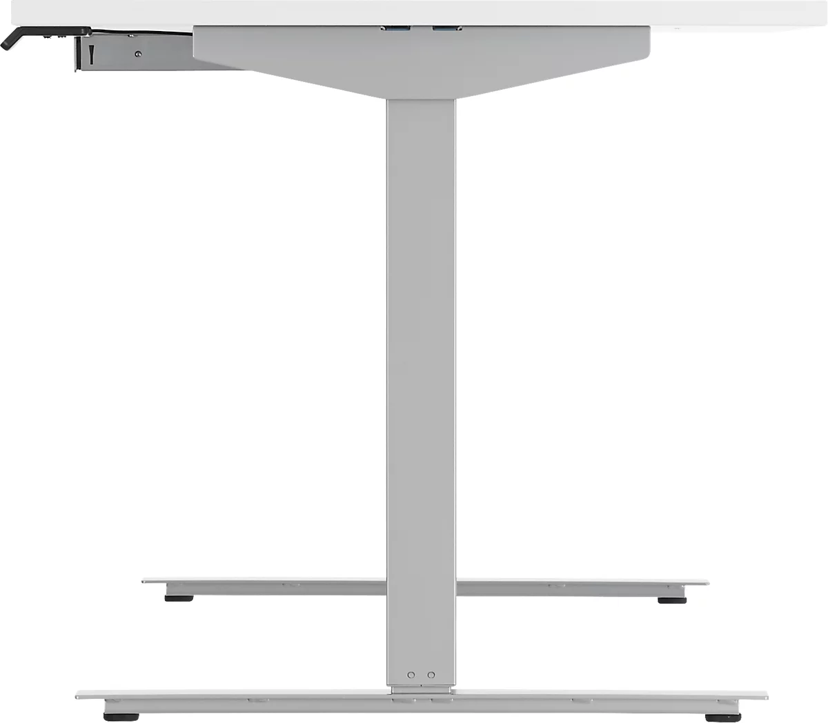 Schäfer Shop Select Start Off escritorio, regulable en altura eléctricamente, rectangular, pie en T, W 1600 mm, aluminio blanco/blanco + cajón y espiral de cables