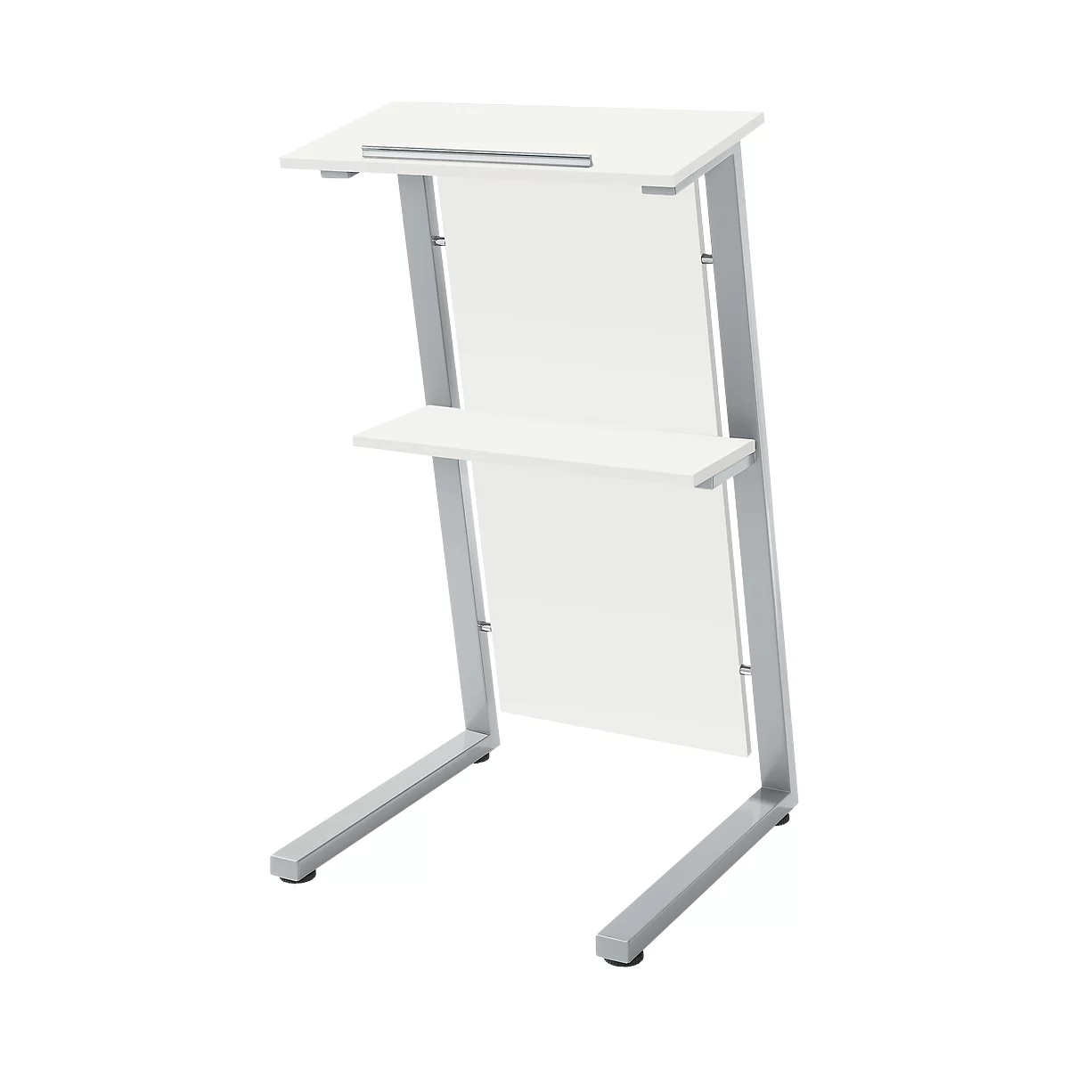 Weisser, minimalistischer Stehtisch mit zwei Ablagen und silberfarbenem Gestell.