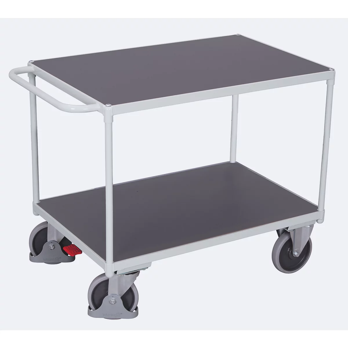 Schäfer Shop Select Stevige transportwagen, staal/MDF-plaat, licht/donkergrijs, 2 etages, L 850 x B 500 mm, TPE-wielen met EasySTOP, tot 400 kg