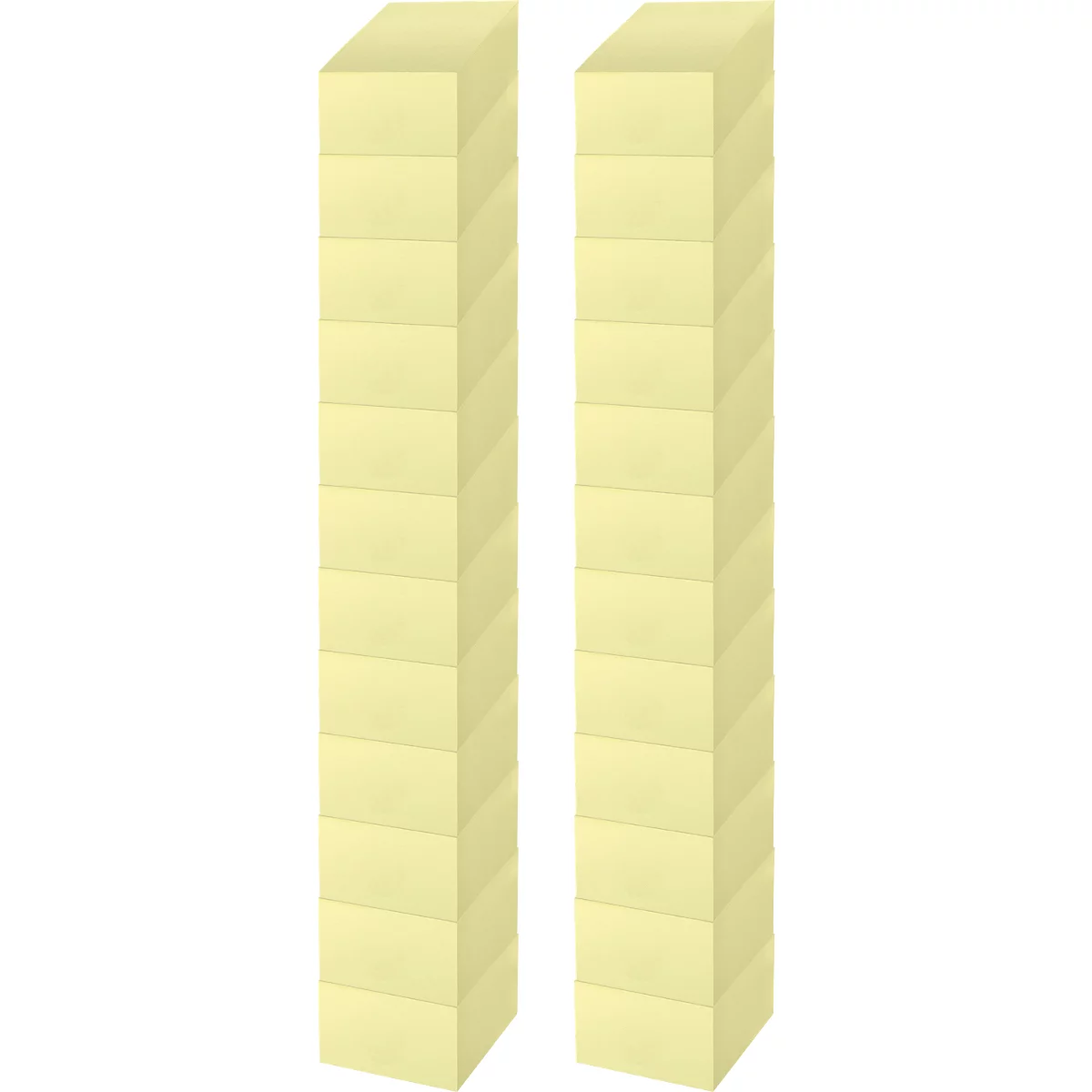 Two yellow, cuboid sticky note pads next to each other, ready for writing.