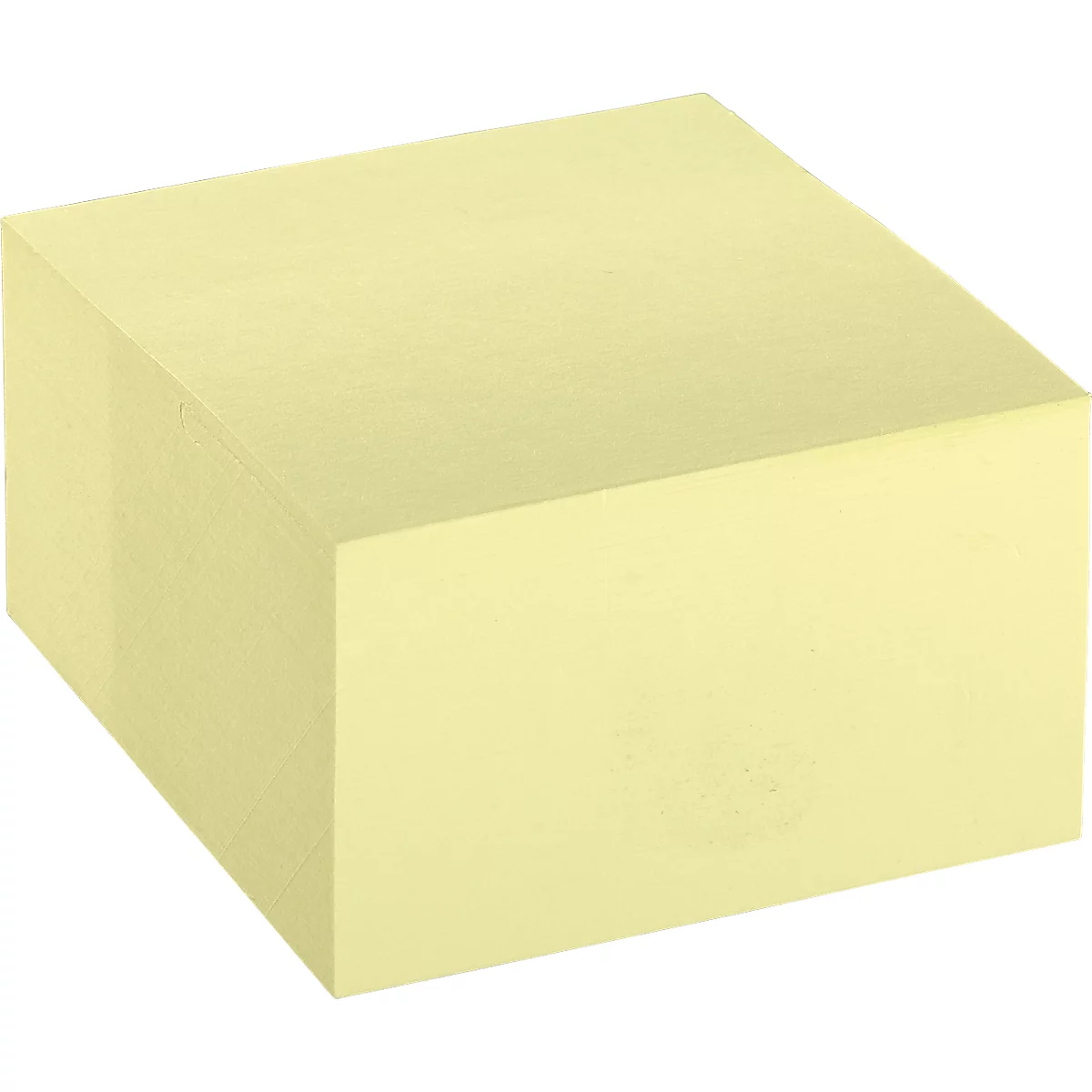 A cuboid-shaped, yellow sticky note pad against a white background.