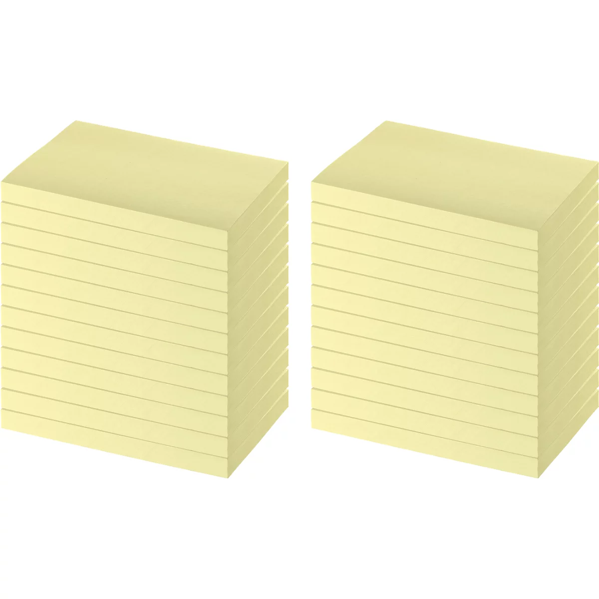 Two stacks of yellow sticky notes side by side. The sheets are neatly aligned.