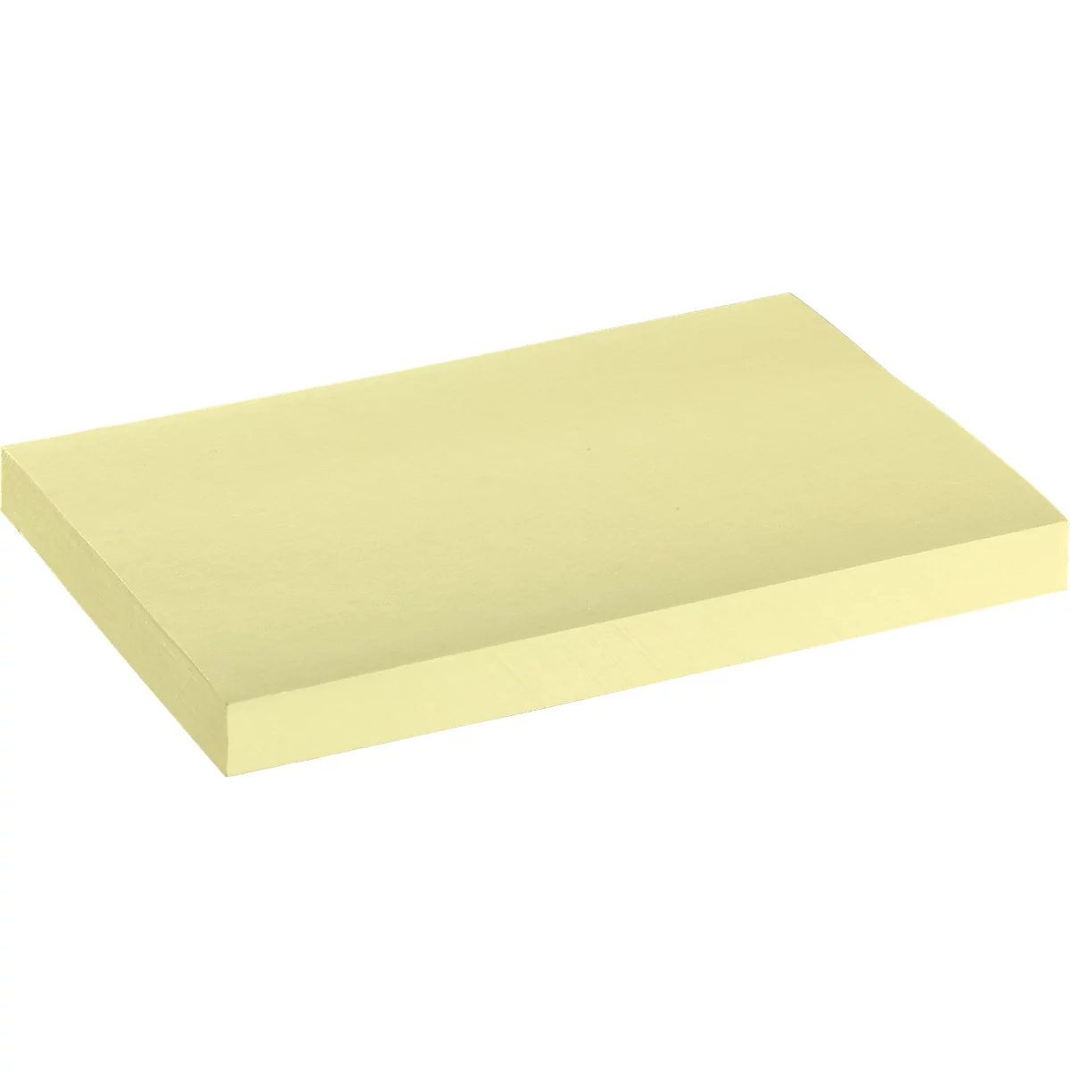 A stack of yellow sticky notes, photographed at a slight angle.