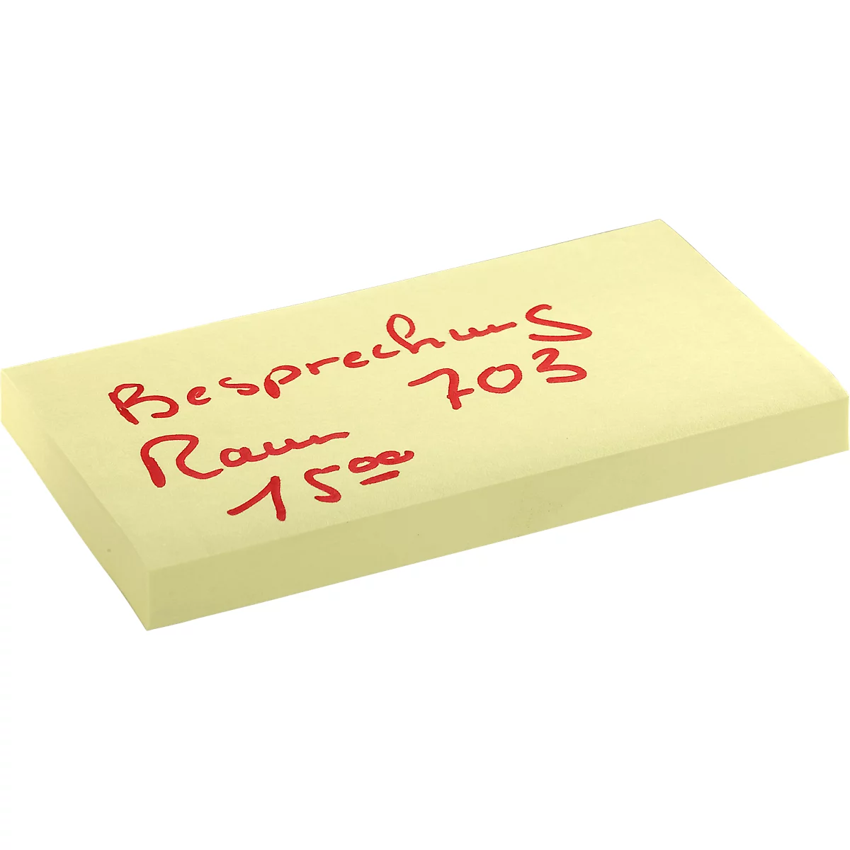 Yellow sticky note with red writing: Meeting room 703, 3 p.m.