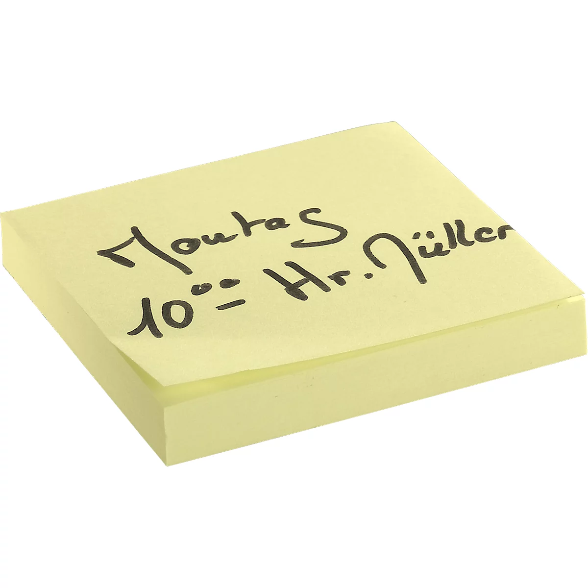 Yellow sticky note with black writing: Mondays, 10:00 a.m., Mr. Müller.