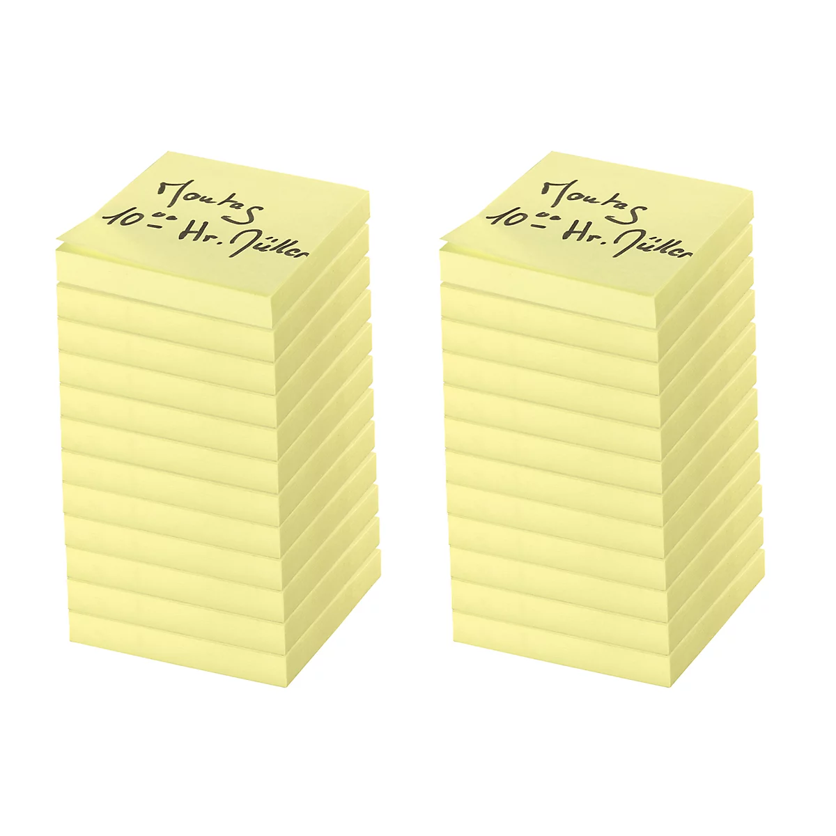 Two yellow sticky note pads. Handwritten on one: Mondays 10 am Mr. Mueller.