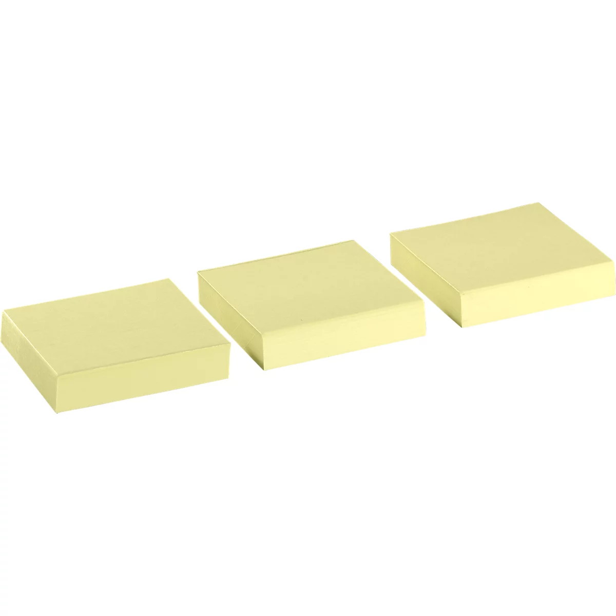 Three yellow, square sticky notes in a row, slightly elevated.