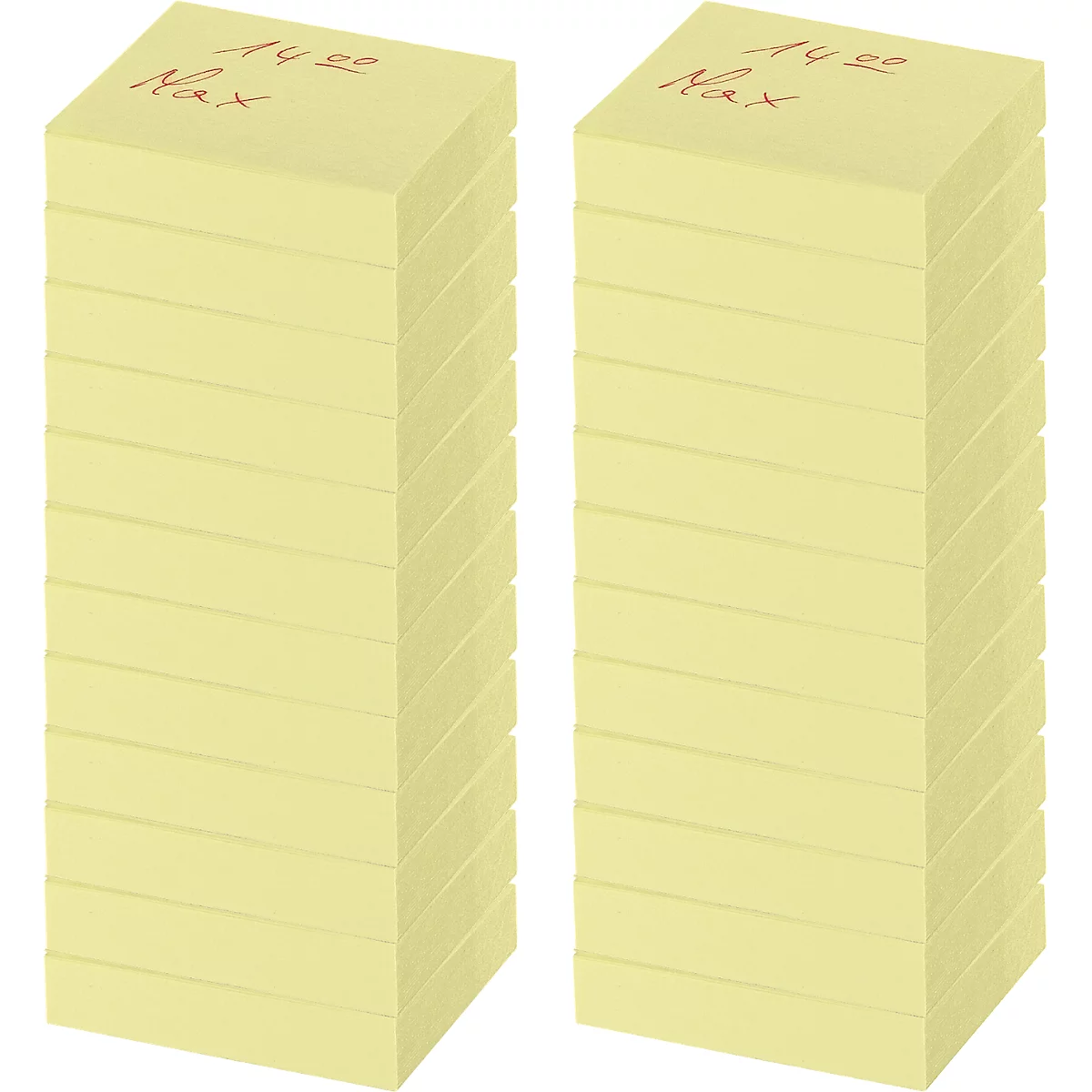 Two stacks of yellow sticky notes. The top sheets are handwritten with "14.00 Max".