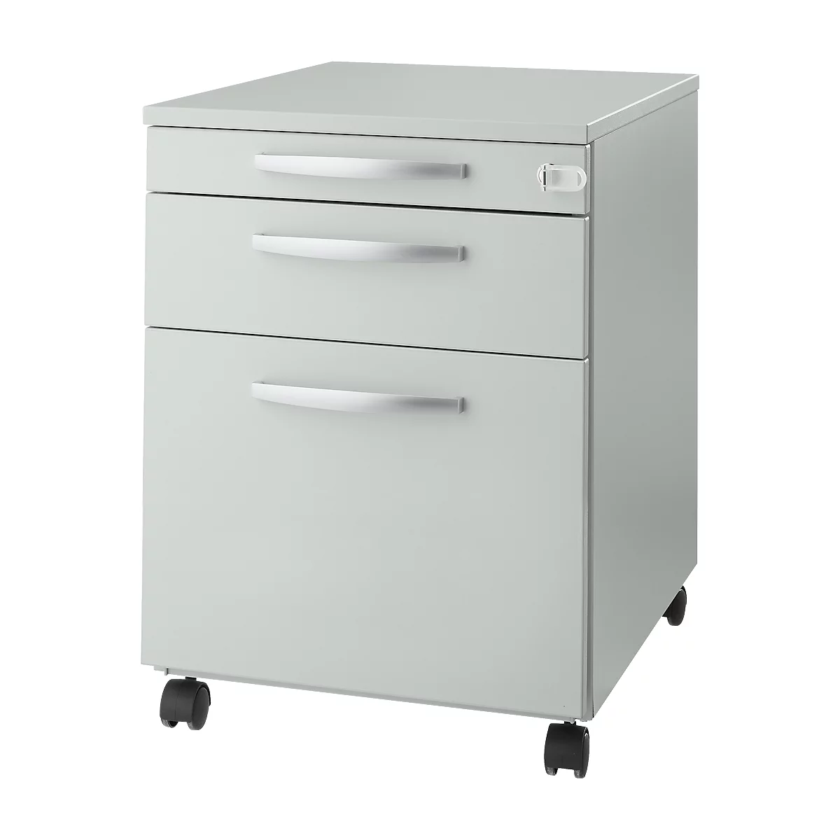 Grey rolling file cabinet with three drawers and silver handles. The cabinet stands on small black wheels.