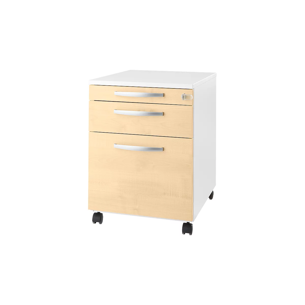 Mobile filing cabinet with three drawers, light wood veneer, silver handles and wheels.