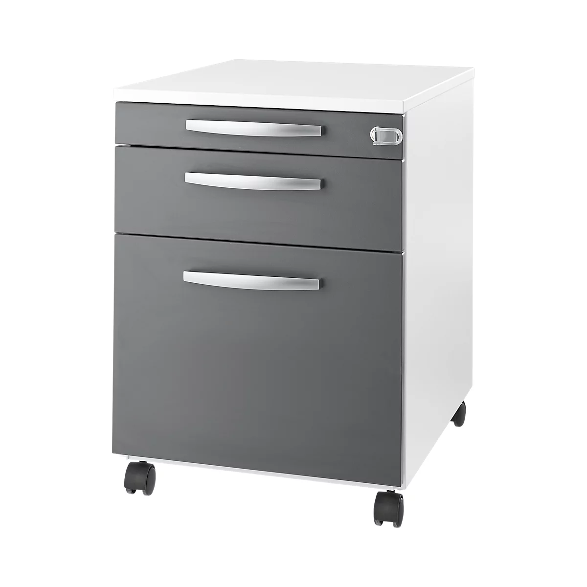 Gray and white rolling cabinet with three drawers and silver handles. Standing on castors.